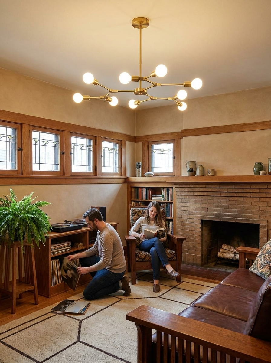Berenika nine-light sputnik chandelier lit in a prairie style living room