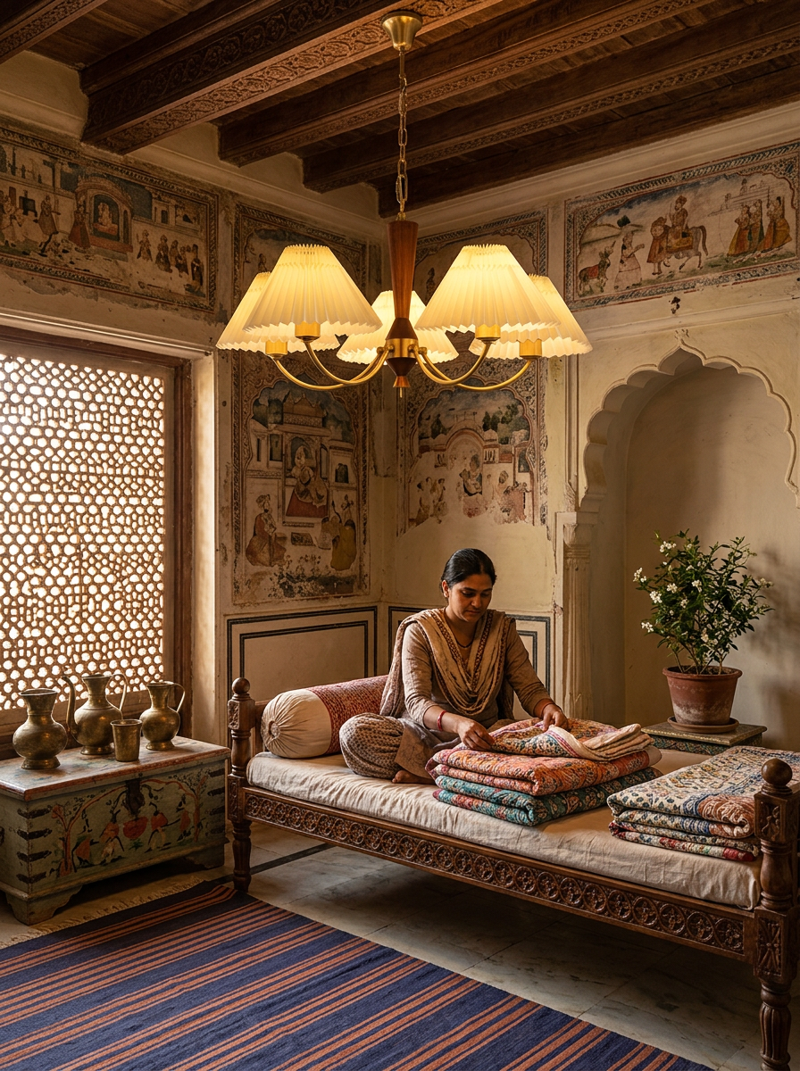 Baukis pleated shade chandelier lit above a bed in a Rajasthani haveli bedroom