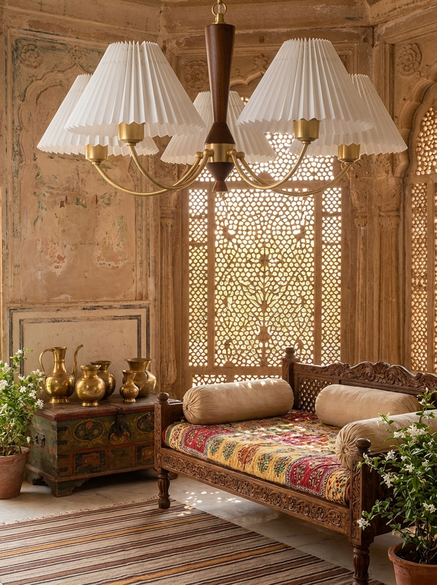 Baukis brass arms walnut column and pleated shades seen close in a furnished bedroom