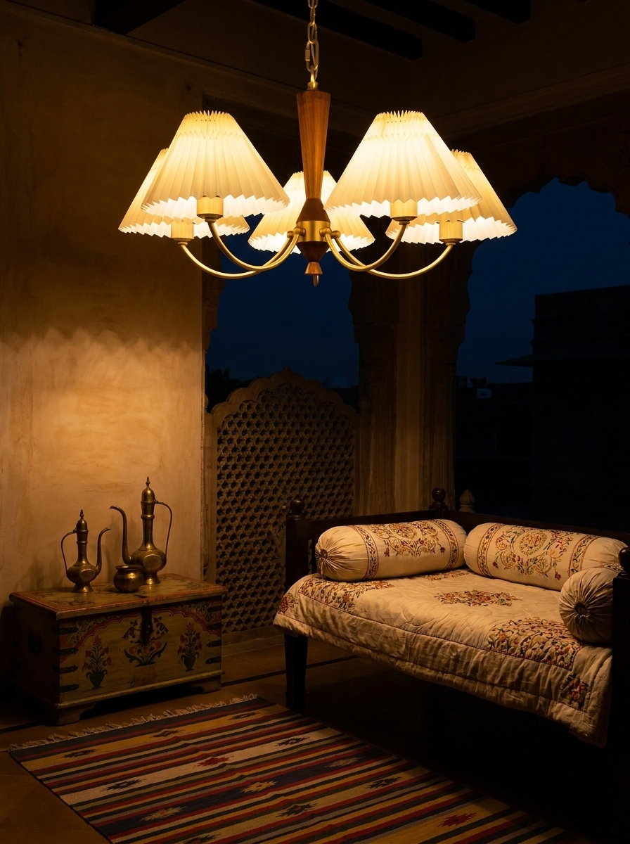 Baukis chandelier at night as the only light source in a haveli bedroom