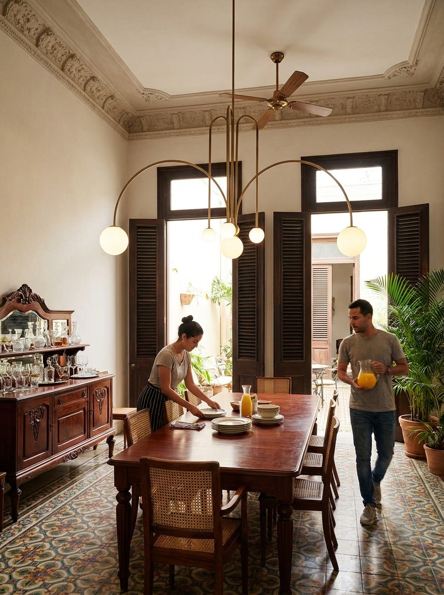 Chremon arched fountain glass chandelier lit above a dining table in a Havana colonial house