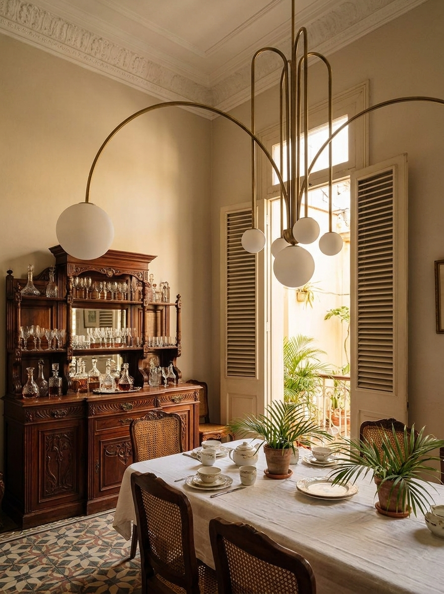 Chremon lacquered metal arms and opal glass globes seen close in a furnished dining room