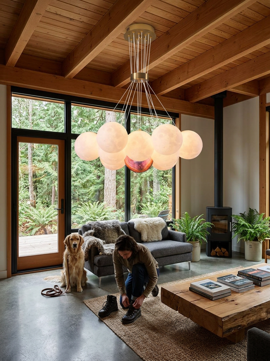 Chrysippos cascading globe cluster chandelier lit in a west coast modern living room