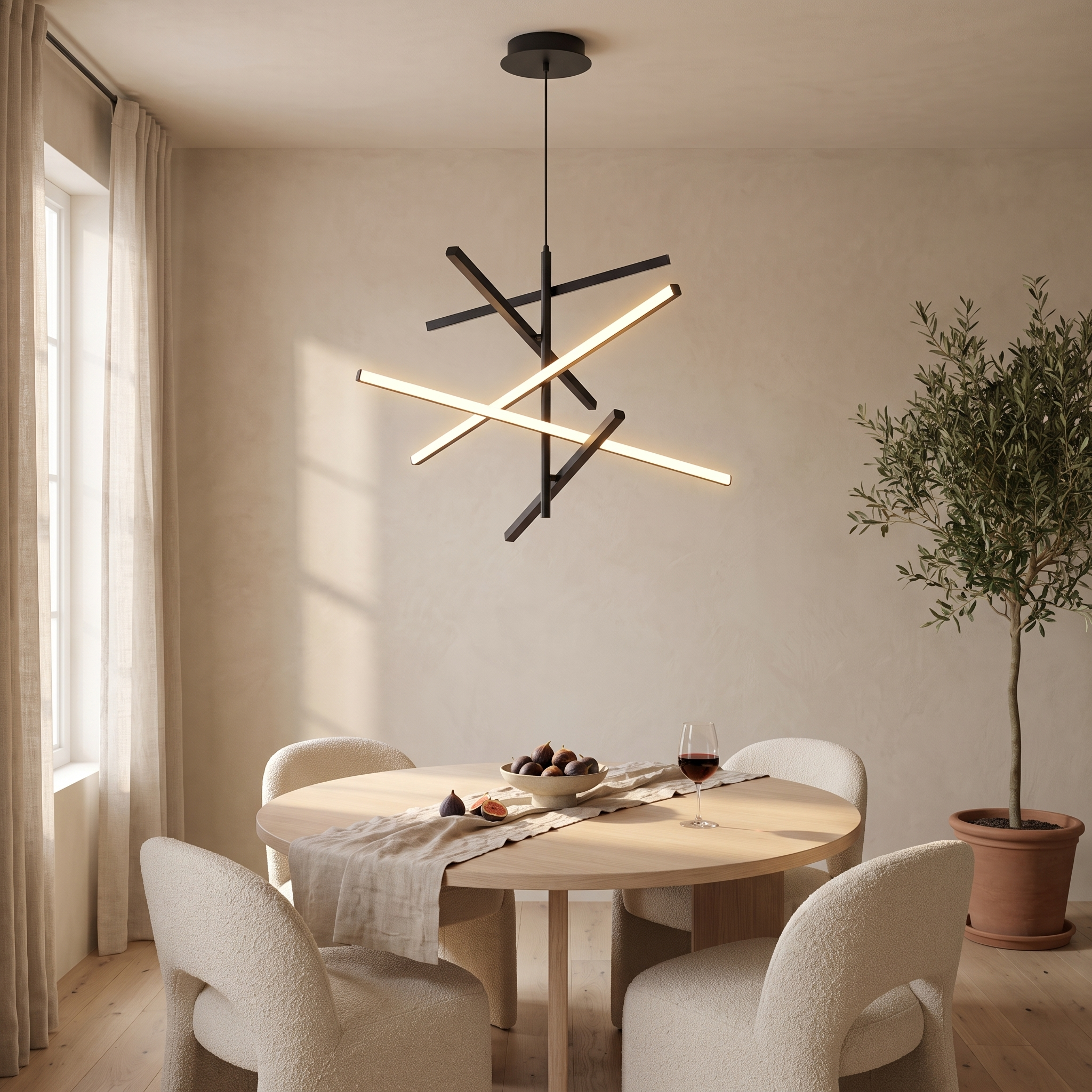 Nikandros Nordic linear chandelier in matte black lit above a round pale oak dining table in a warm lime plaster dining room