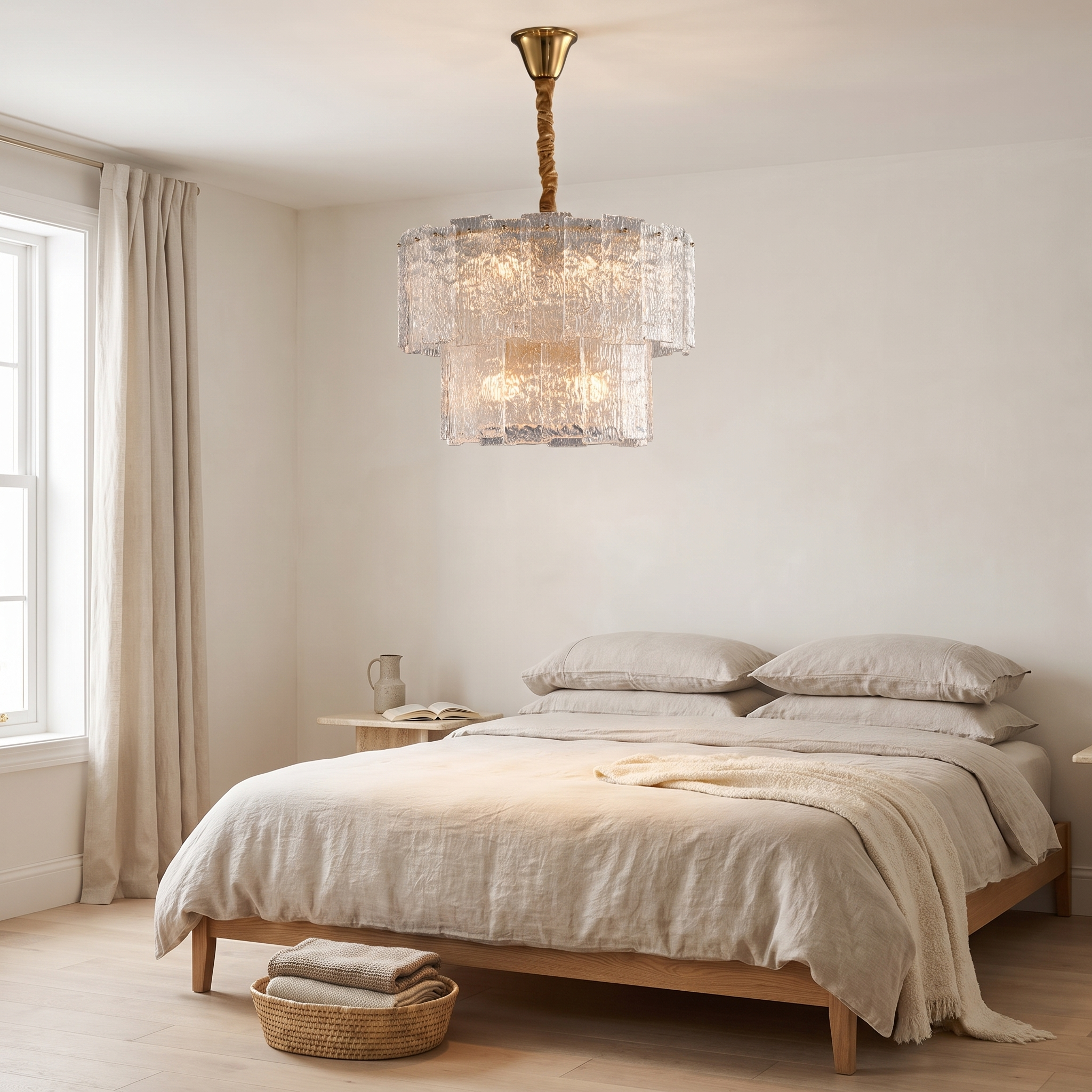 Eirene brass and textured glass tiered chandelier lit in a bright plaster and oak bedroom with linen bedding