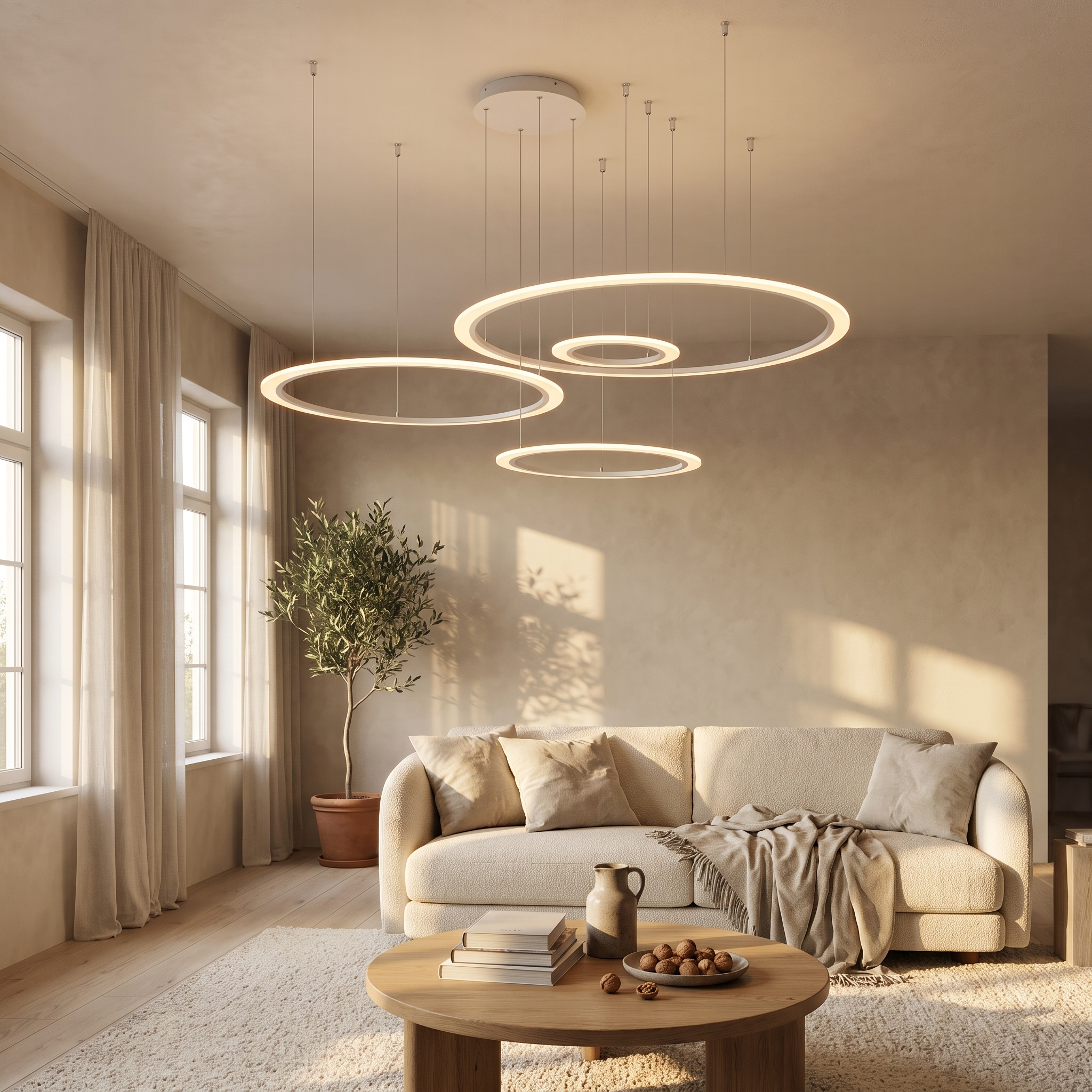 Amyntas four ring LED chandelier in white lit in a warm lime plaster living room with boucle sofa and oak table