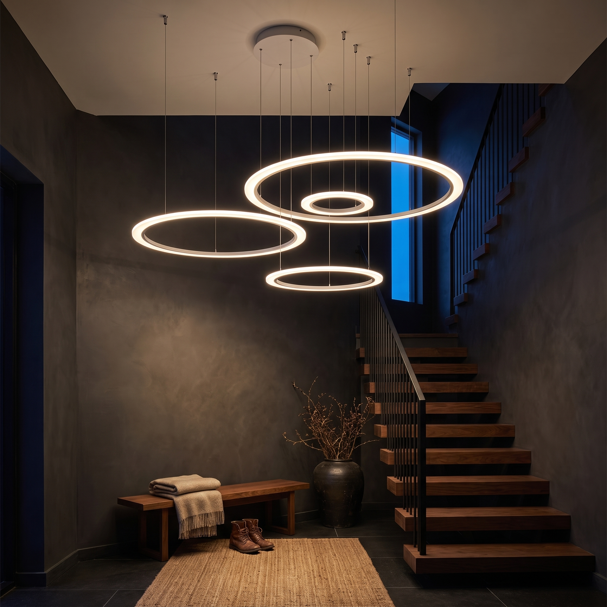 Amyntas four ring LED chandelier in white cascading through a dark charcoal double-height stairwell at dusk