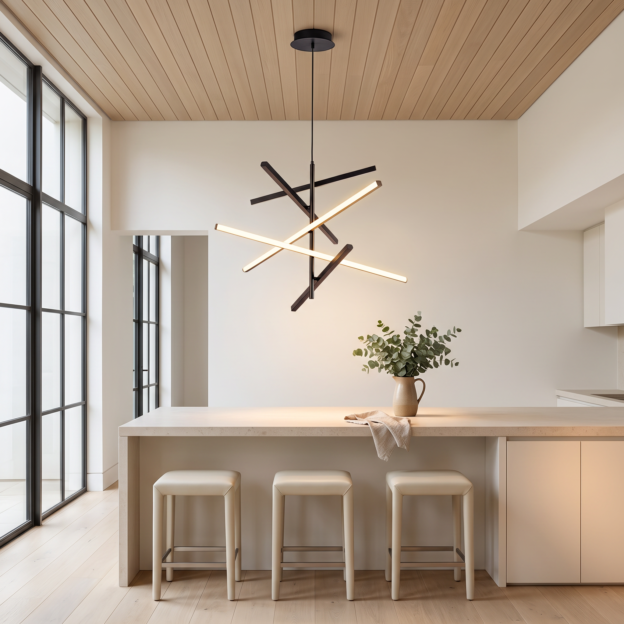 Nikandros black linear crossed-bar LED chandelier over a limestone breakfast bar in a bright oak-ceilinged kitchen