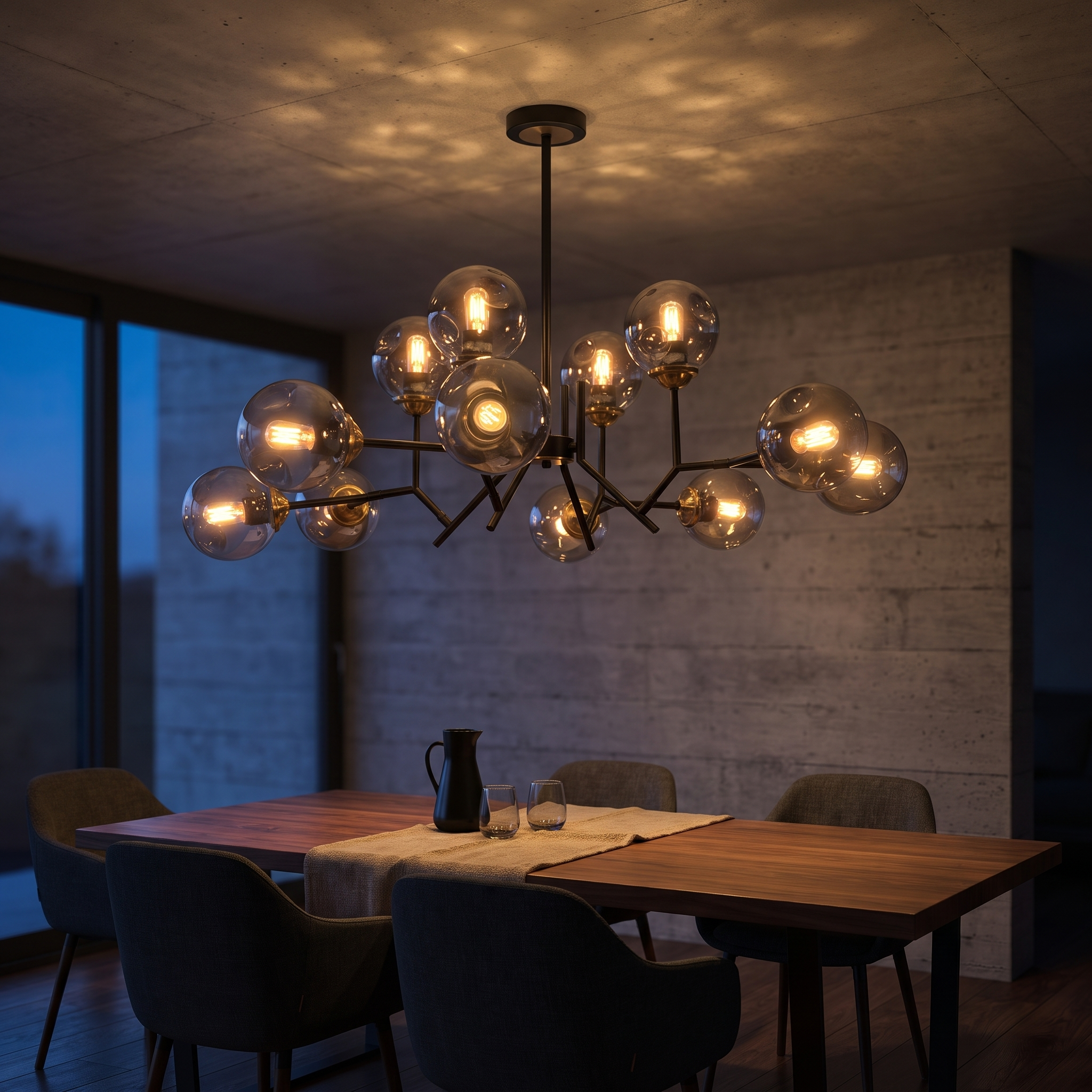Deiphobos twelve-globe smoked glass branching chandelier lit over a walnut table in a dark concrete dining room