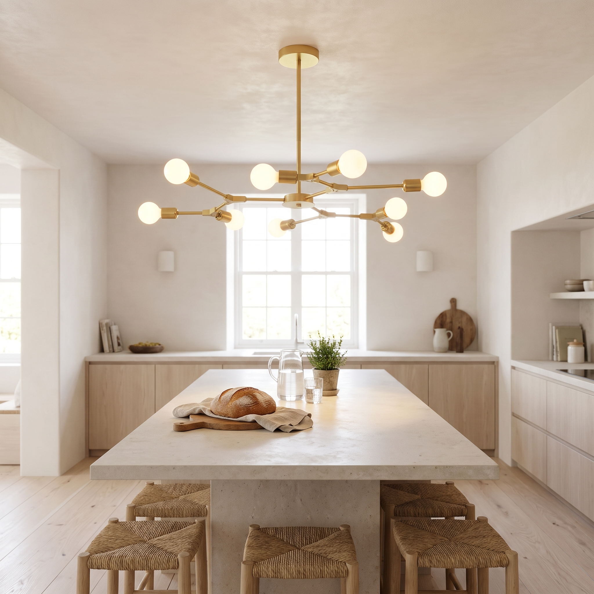 Berenika nine-light gold sputnik chandelier above a limestone island in a bright white-oak kitchen