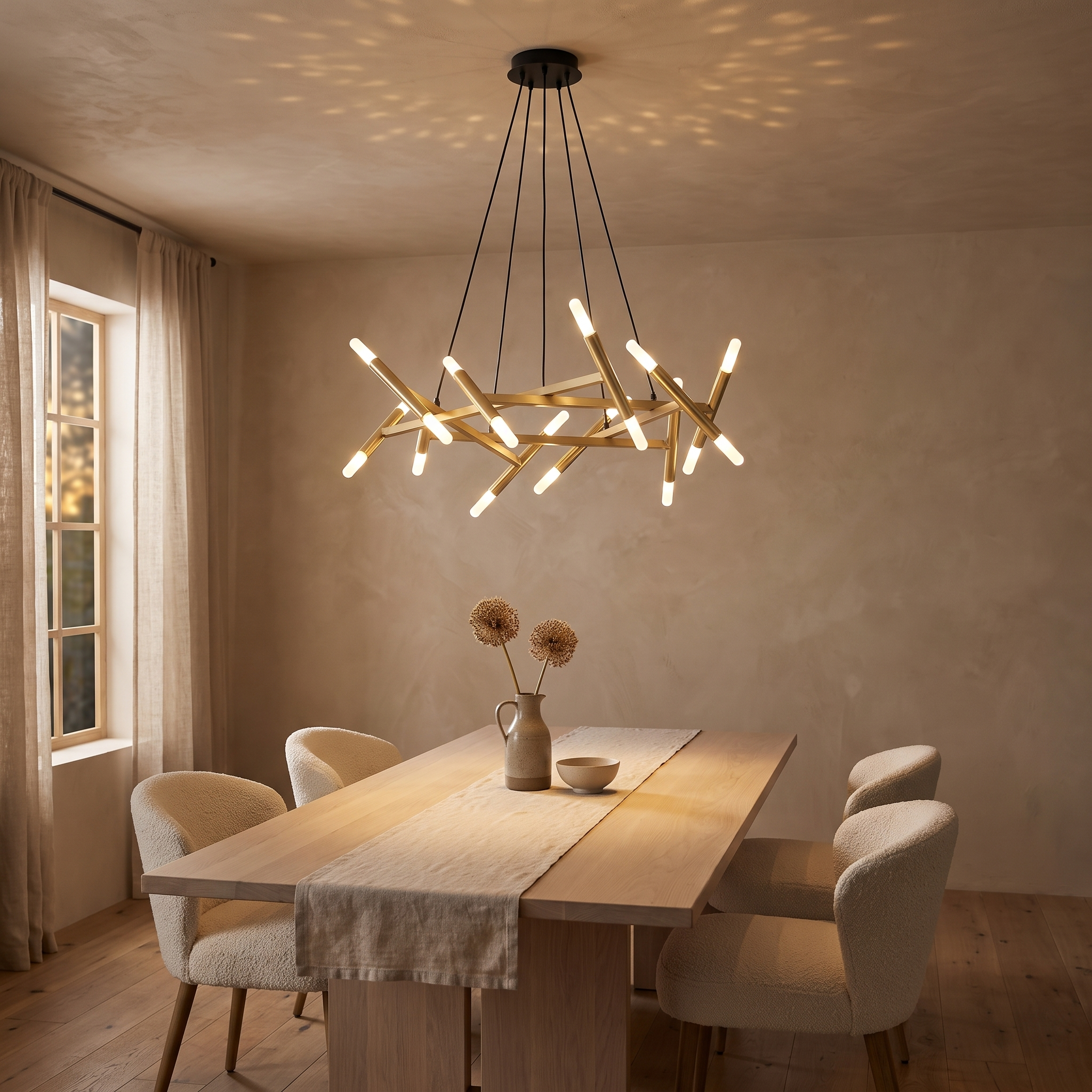 Elpis twenty-light gold crossed-baton chandelier lit over an oak dining table in a warm sand plaster room at dusk