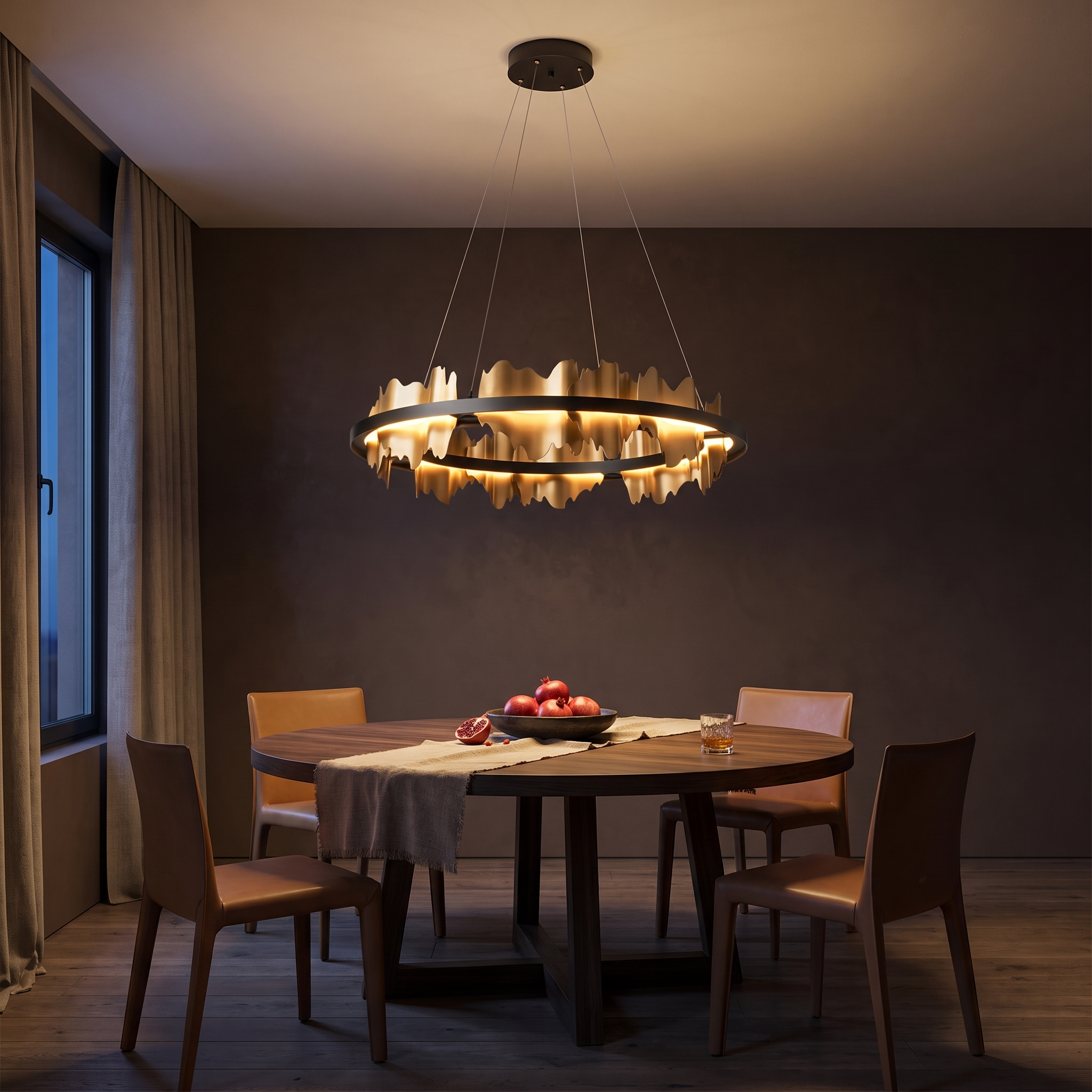 Danae black ring chandelier with gold metal leaf crown lit over a walnut table in a dark espresso dining room