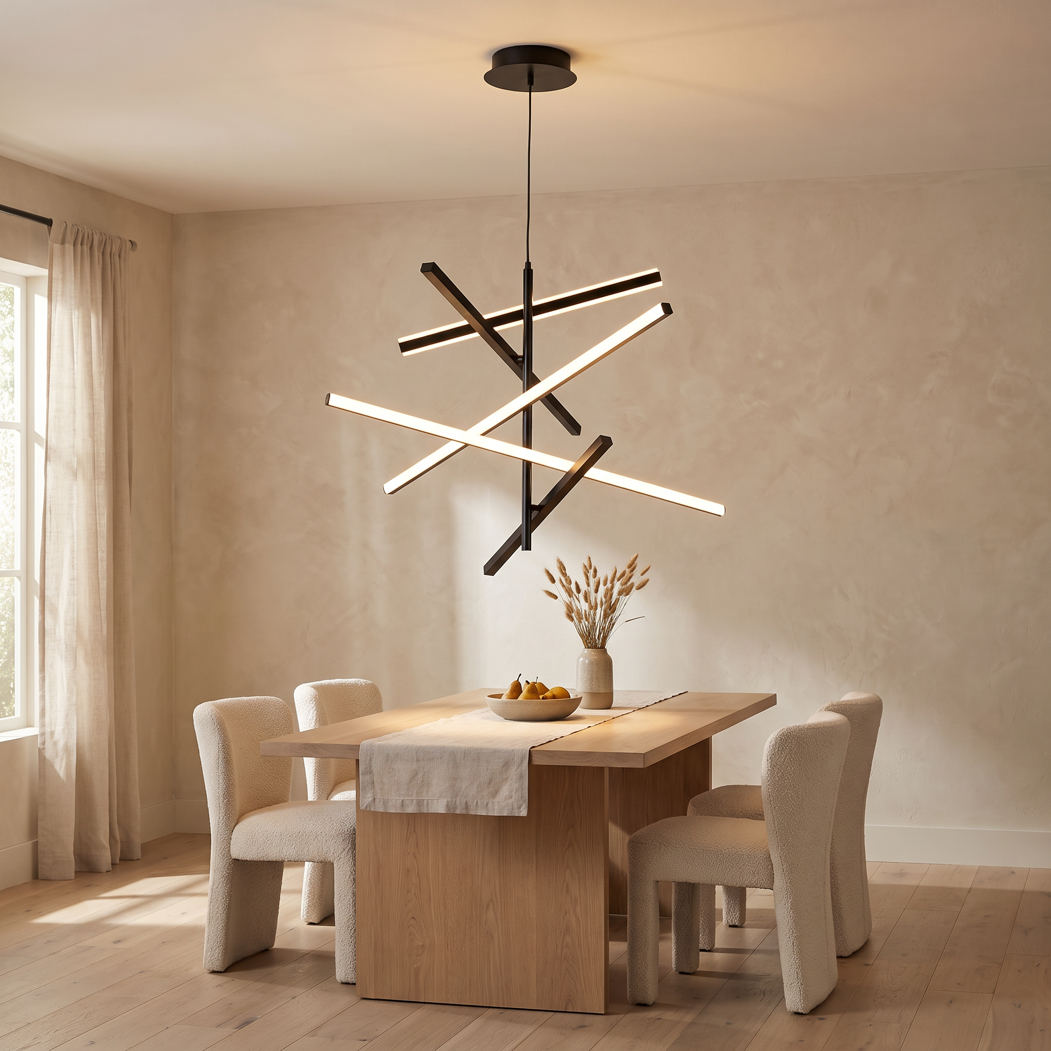 Nikandros Nordic Linear Chandelier lit above a pale oak dining table in a warm lime-plaster dining room
