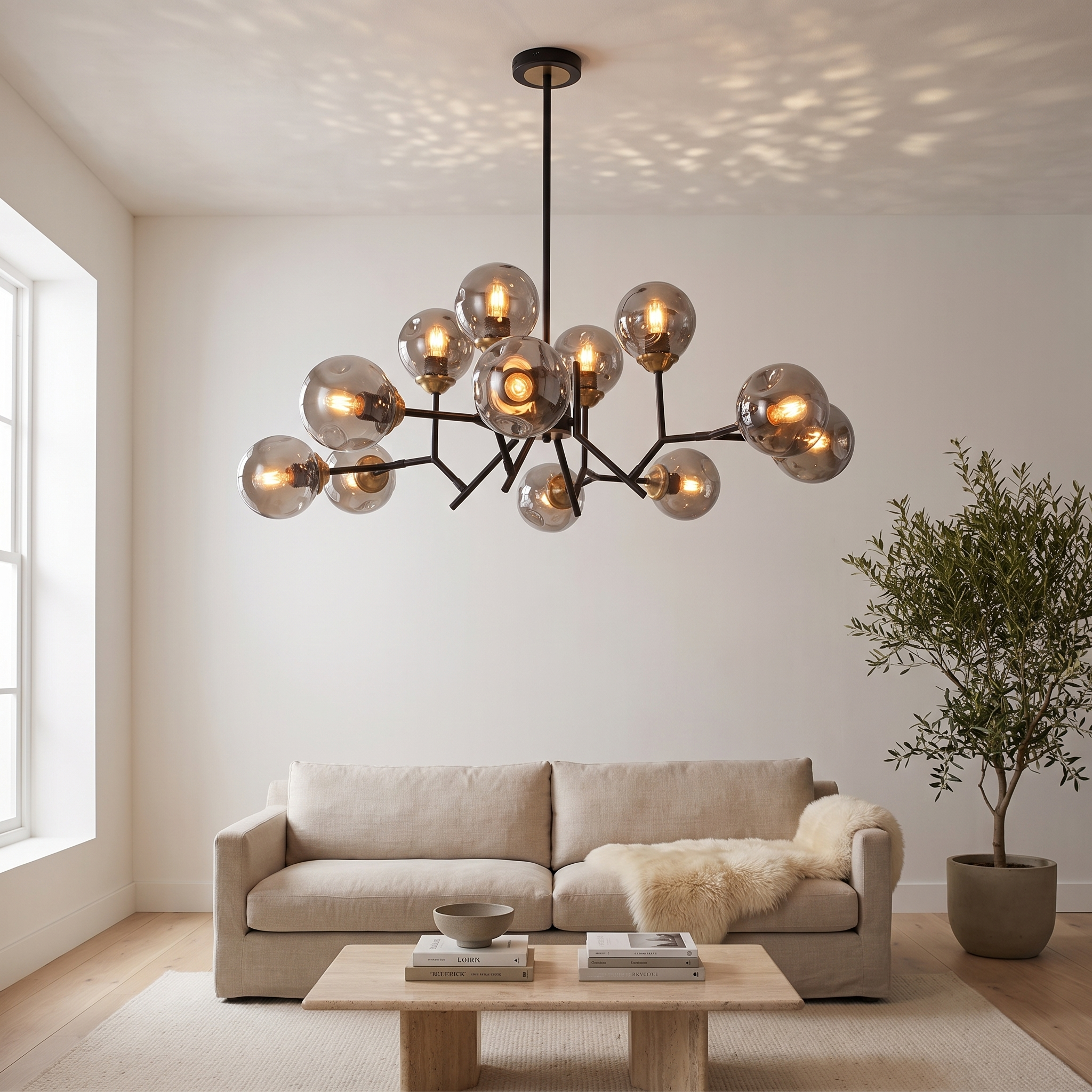 Deiphobos Twelve-Globe Glass Chandelier in a bright white plaster living room with linen sofa
