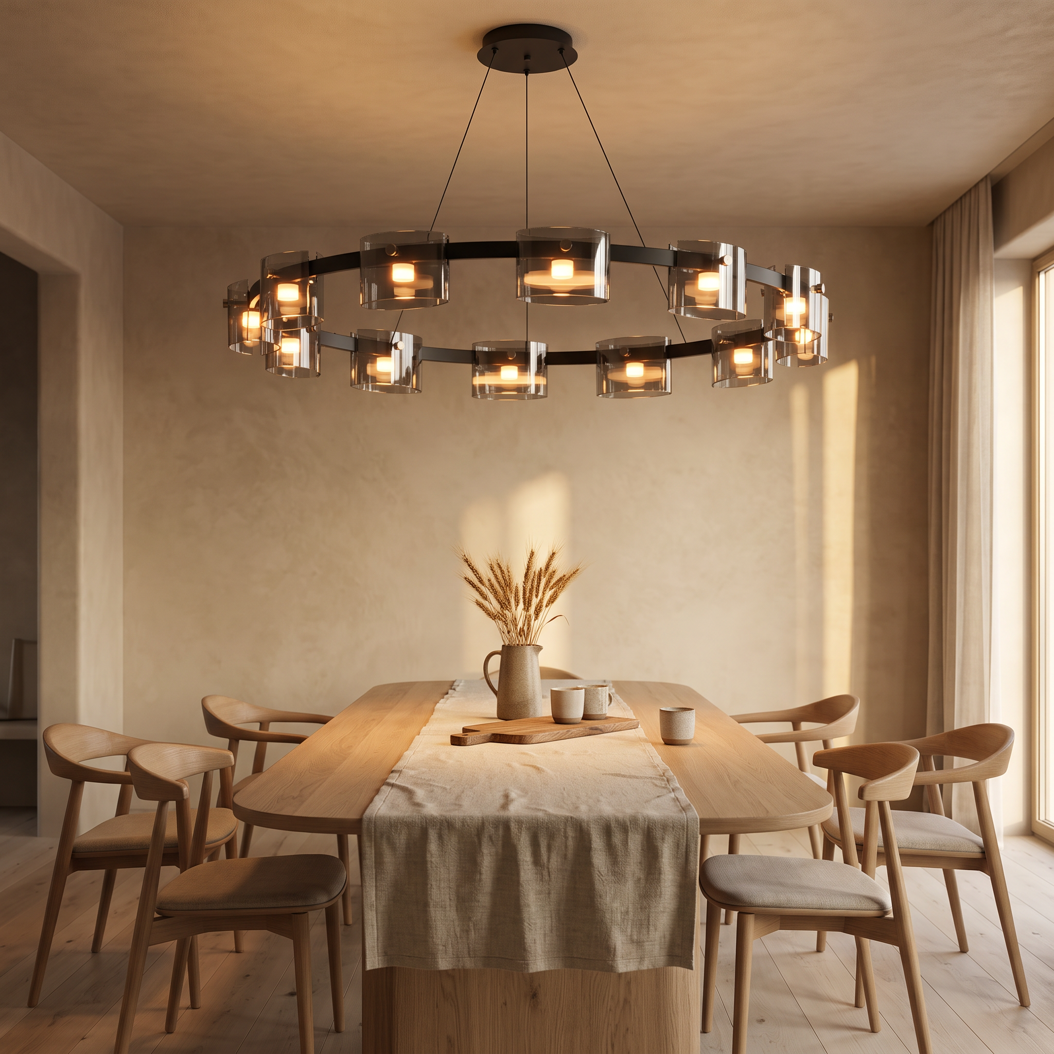 Diokles Circle Glass Dimmable Chandelier lit above an oak table in a warm sand-plaster dining room
