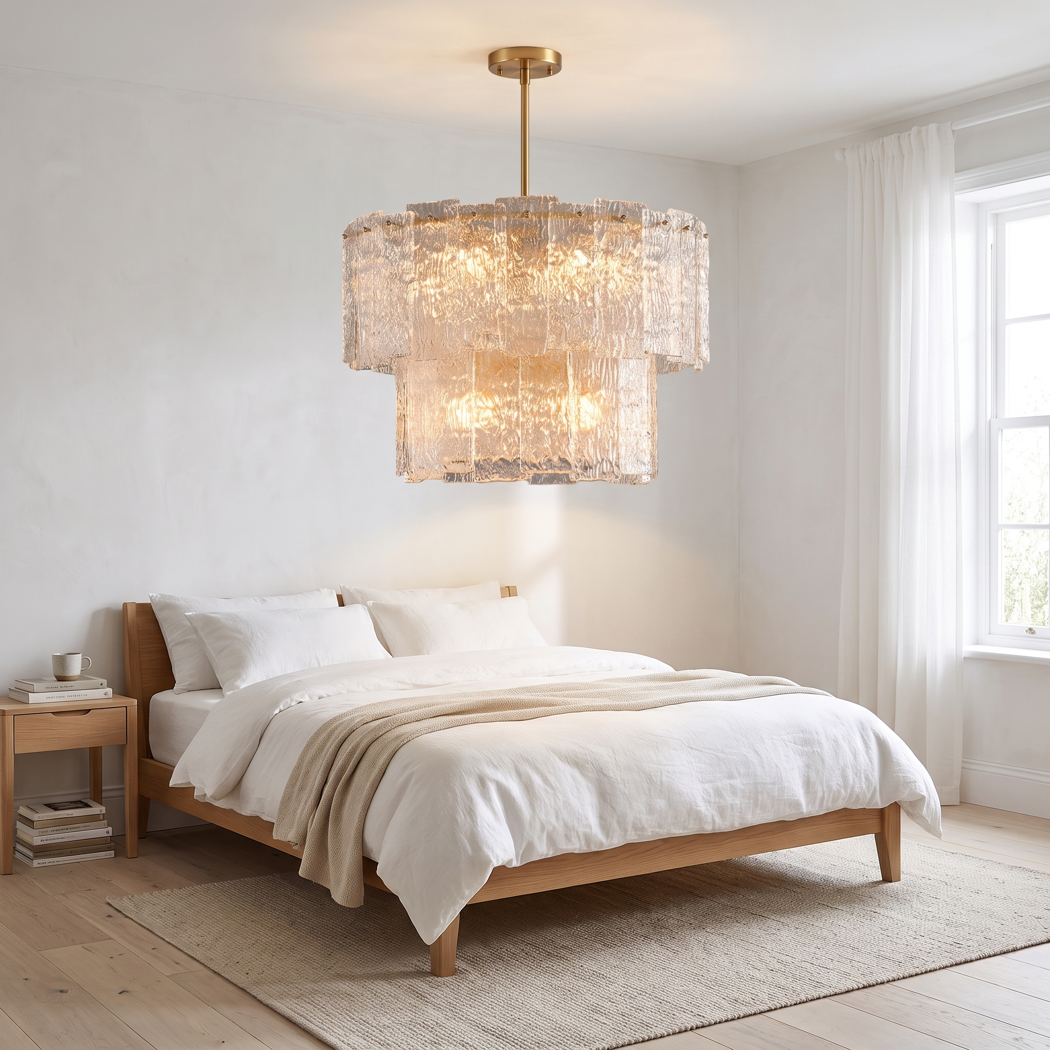 Eirene Brass and Glass Tiered Chandelier in a bright white bedroom with oak bed and linen bedding