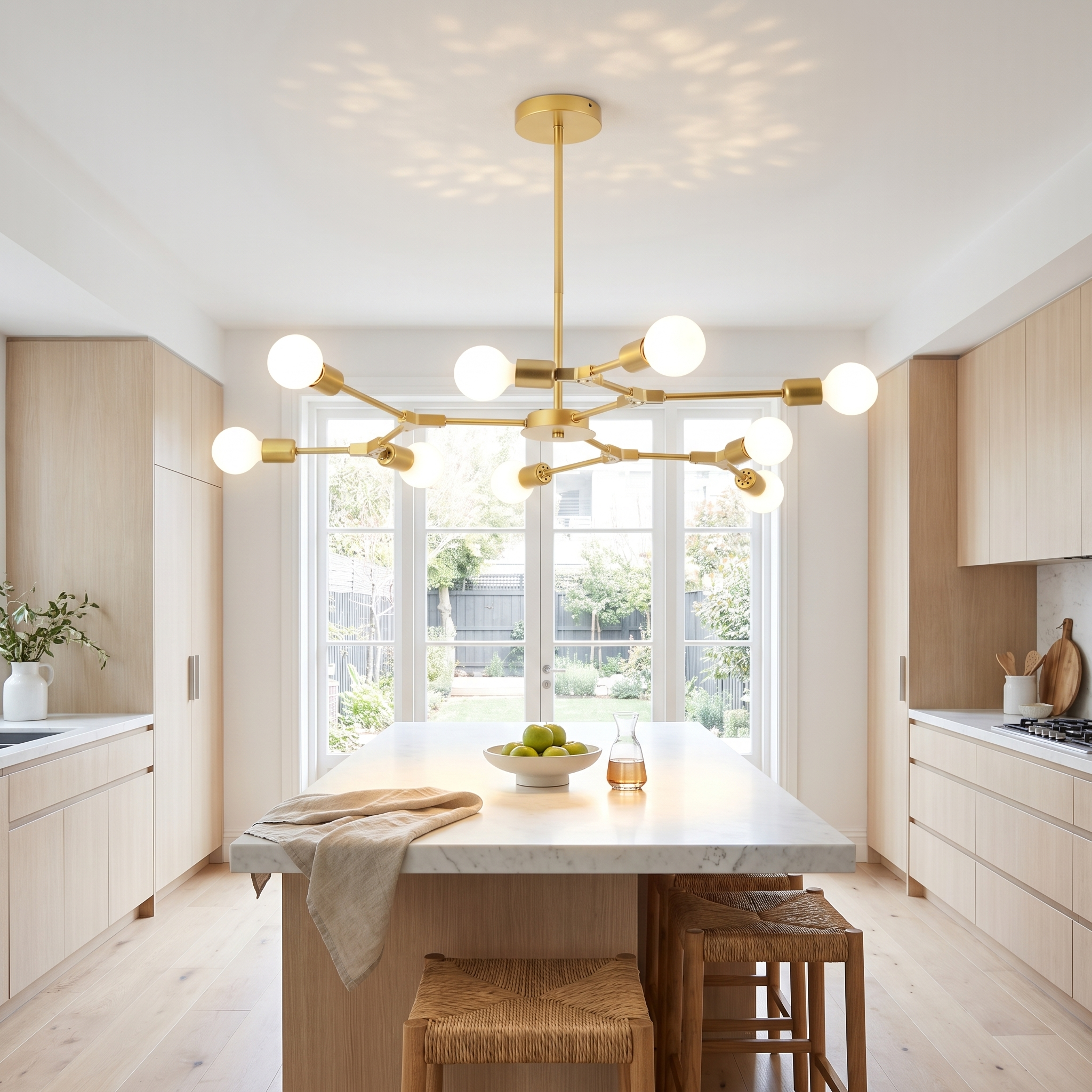 Berenika Nine-Light Sputnik Metal Chandelier in brass over a marble island in a bright white oak kitchen