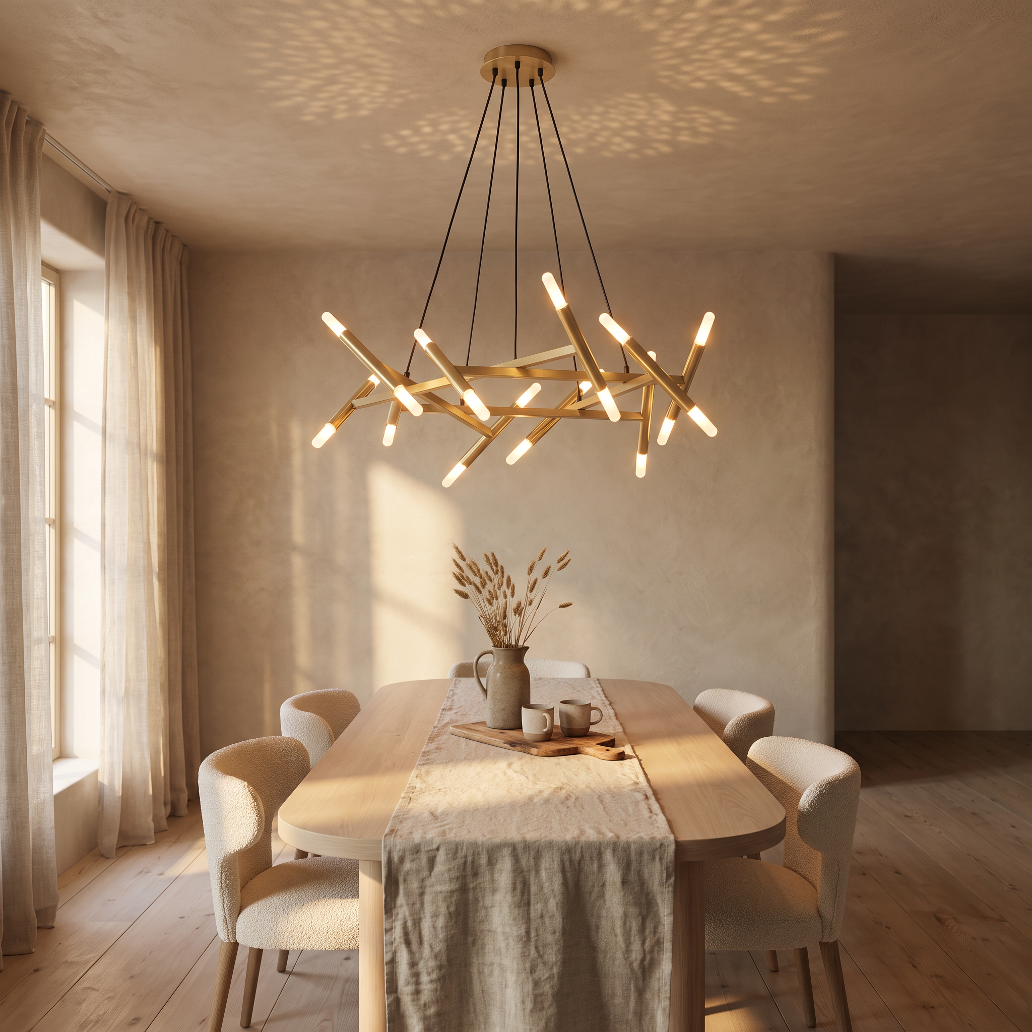 Elpis 20-Light Sputnik Chandelier in gold lit above an oak table in a warm sand-plaster dining room