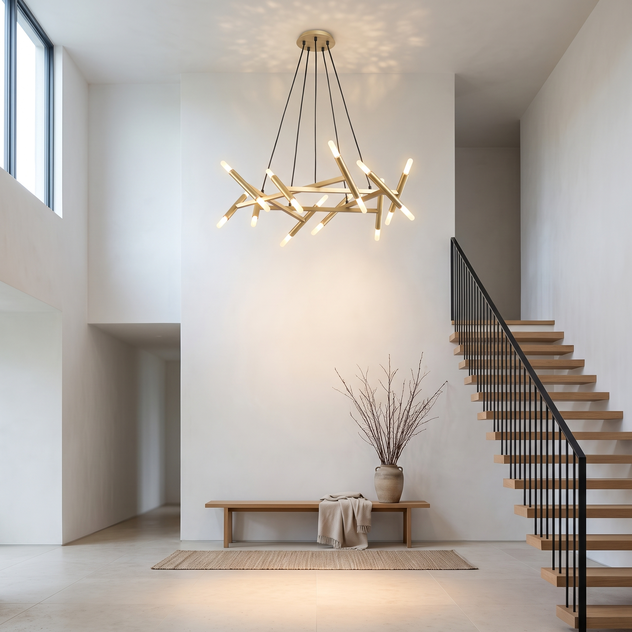 Elpis 20-Light Sputnik Chandelier in gold in a bright double-height stair hall with oak staircase