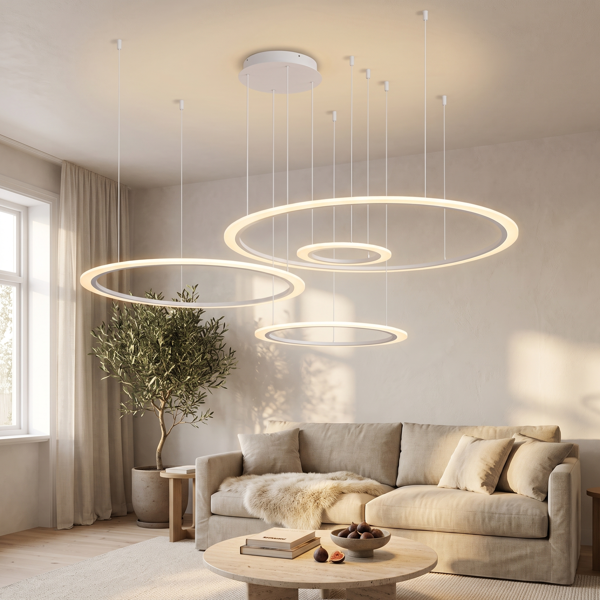 Amyntas Four Ring Artistic LED Chandelier lit in a warm sunlit plaster living room with linen sofa and olive tree