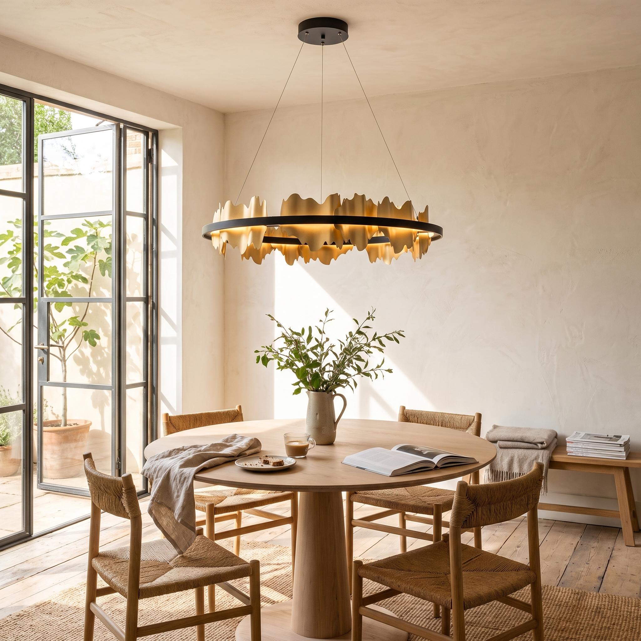 Danae Metal Leaf Round Chandelier in gold above an oak table in a sunlit garden breakfast room