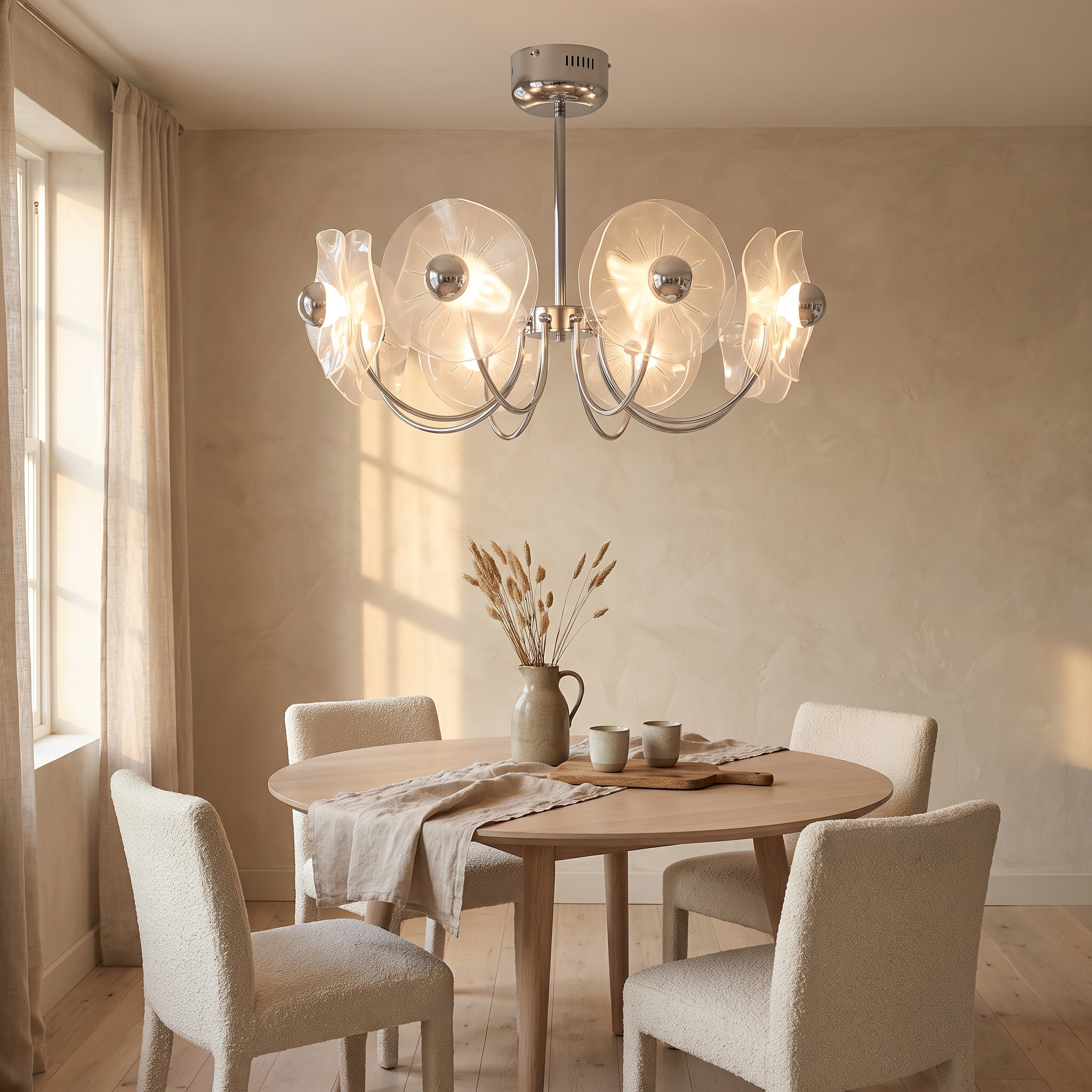 Alethea Curved Acrylic LED Chandelier lit above an oak table in a warm plaster dining room