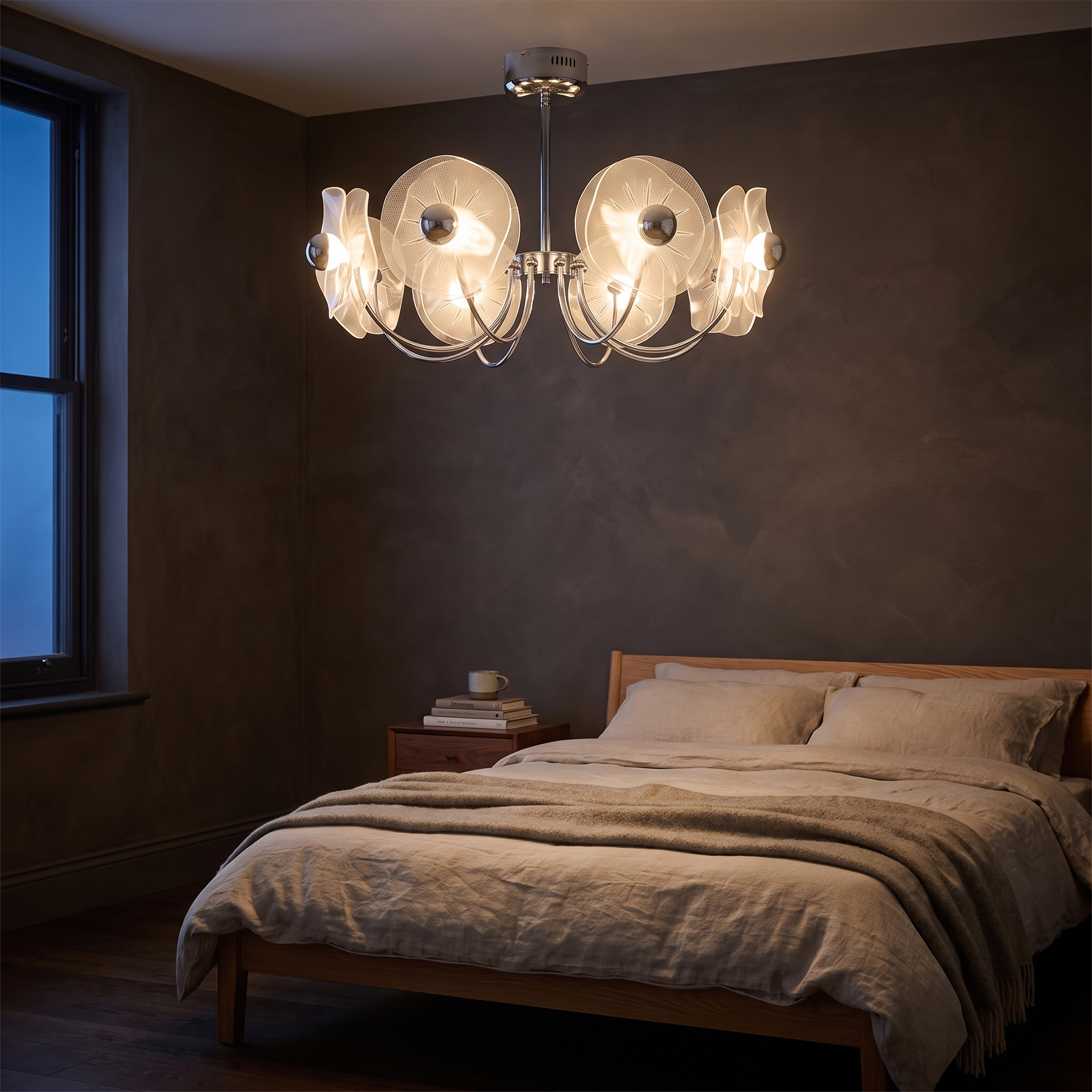 Alethea Curved Acrylic LED Chandelier glowing in a dark limewash bedroom at dusk