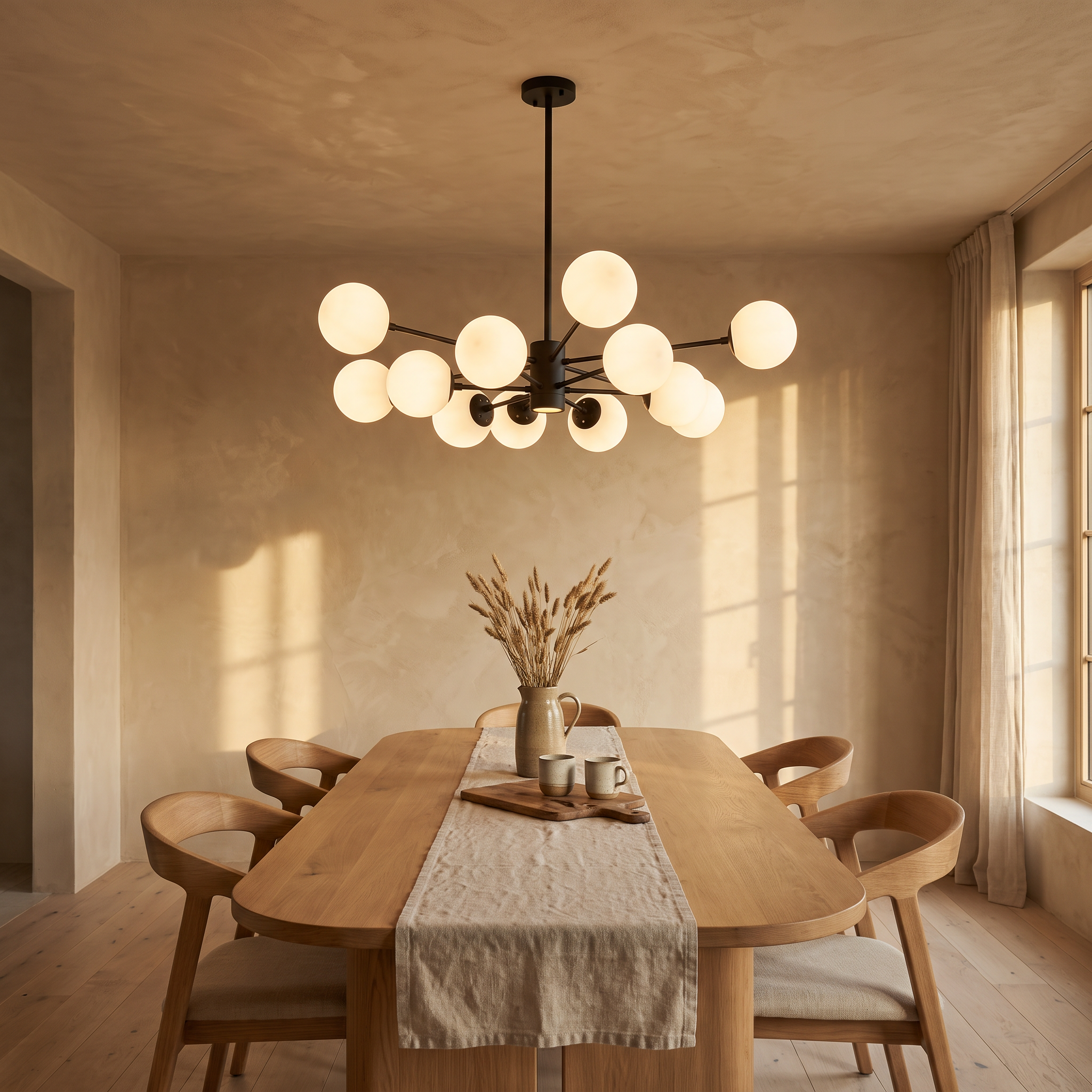 Chairephon Glass Globe Cluster Sputnik Chandelier lit above an oak table in a warm sand-plaster dining room