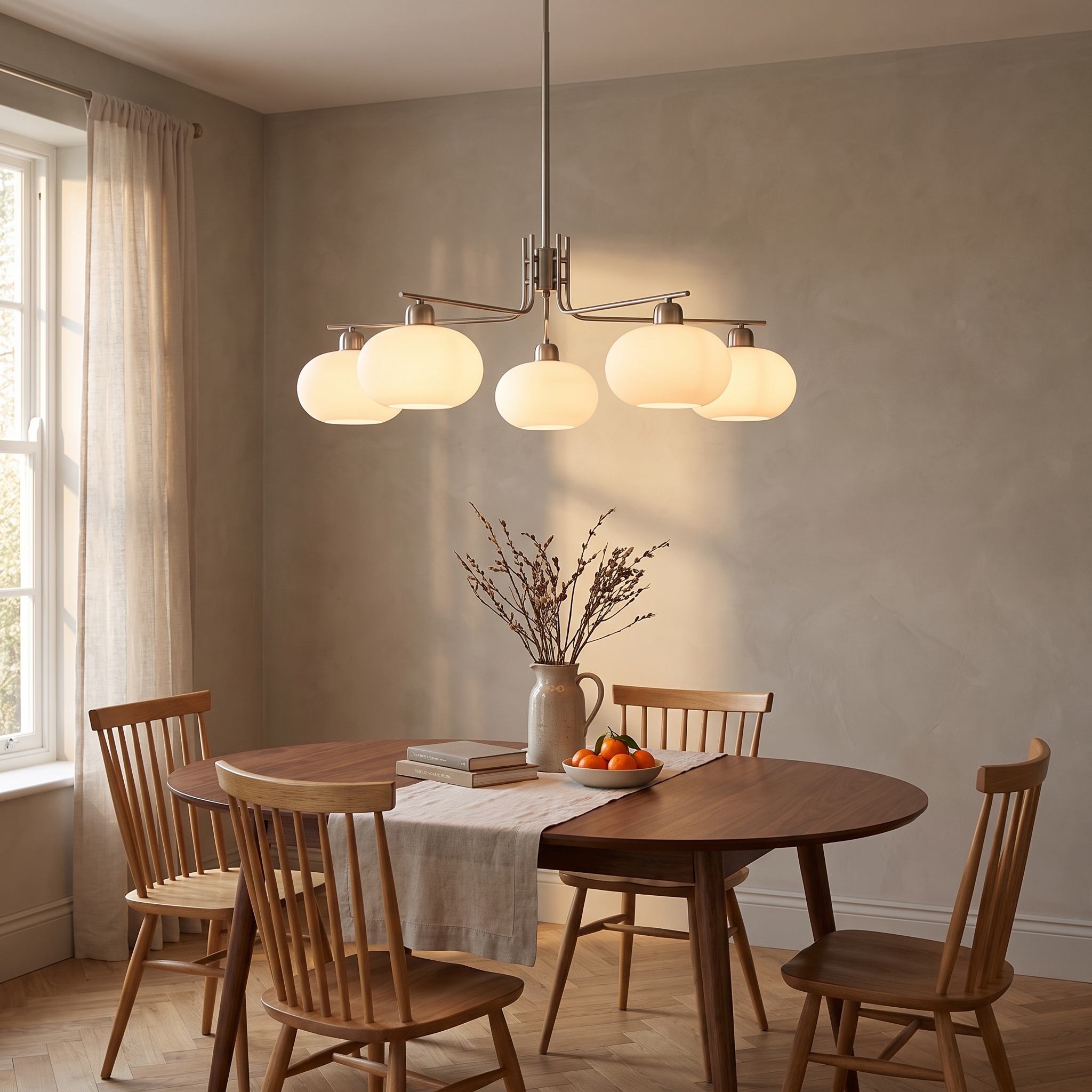 Deinias Five-Light Glass LED Chandelier lit above a walnut table in a warm mid-century dining room