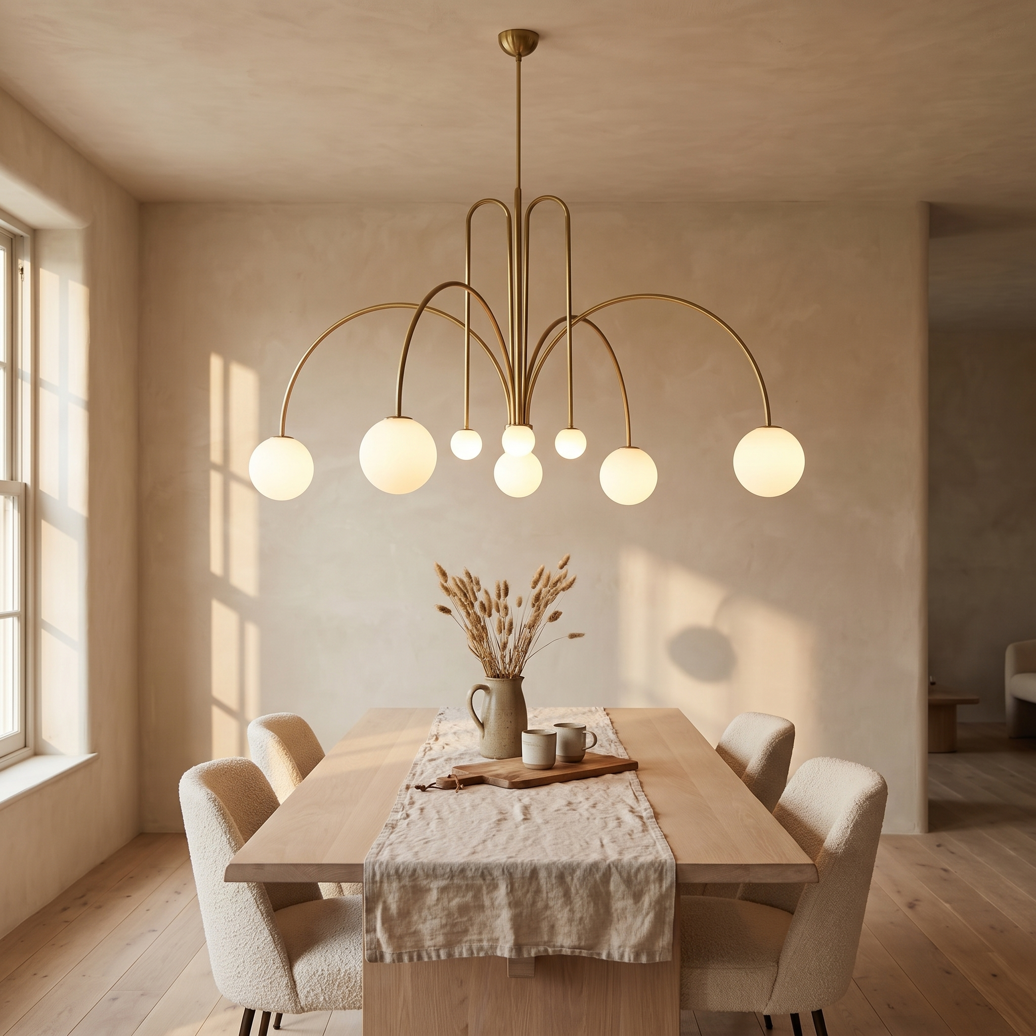 Chremon Six-Light Arched Fountain Glass Chandelier in gold lit above an oak table in a warm plaster dining room