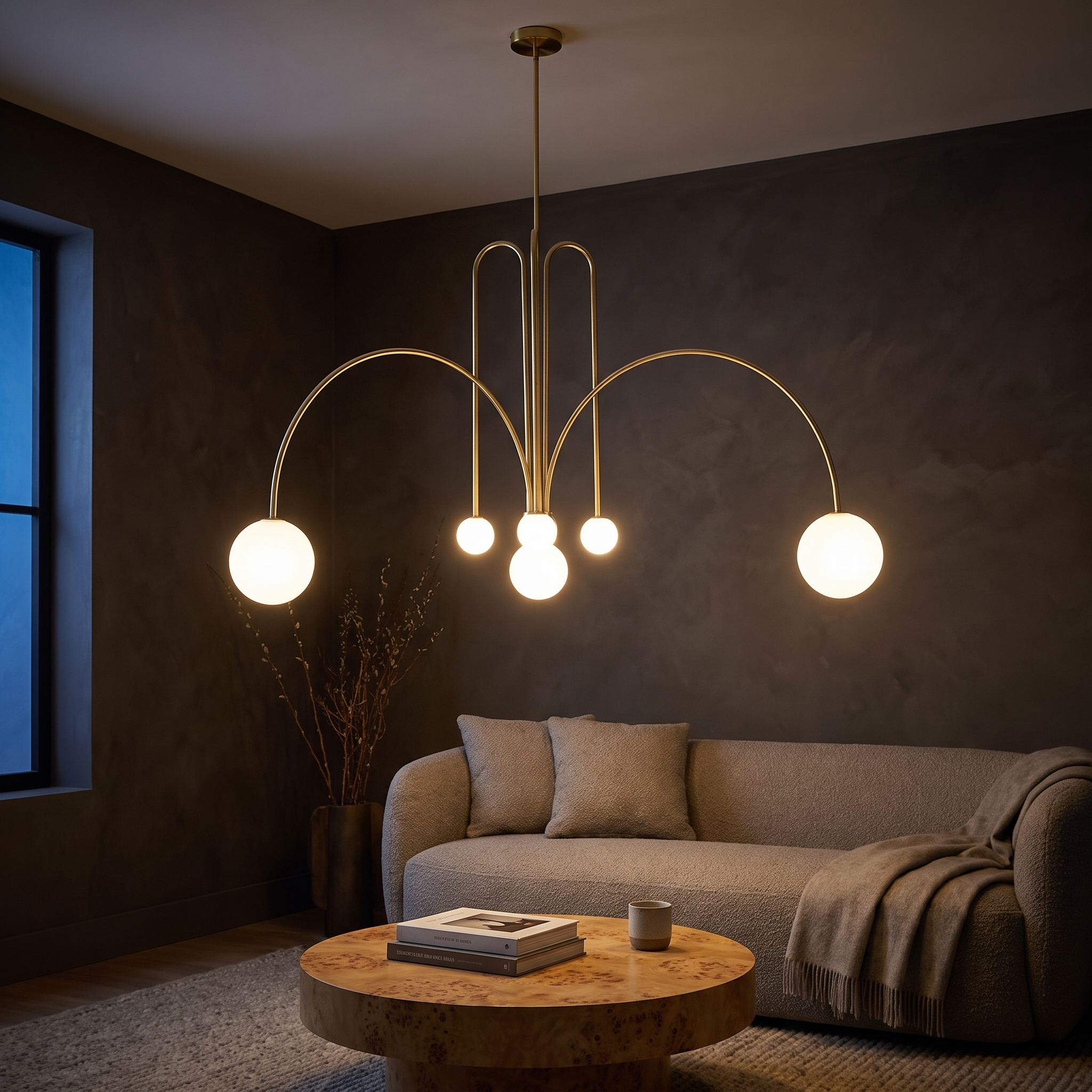 Chremon Six-Light Arched Fountain Glass Chandelier in gold glowing in a dark limewash evening sitting room