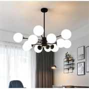 Chairephon sputnik chandelier viewed from below, globes arranged in a radiating cluster