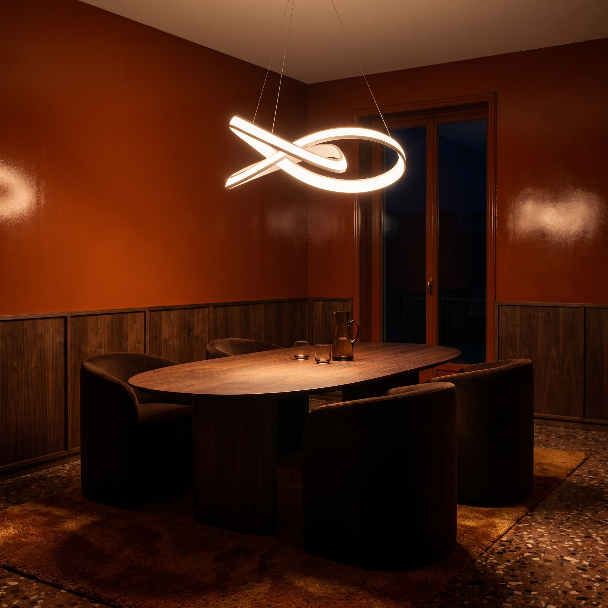 Andromeda Aluminum Ribbon LED Chandelier in white glowing warm above a walnut oval table in a 1970s-revival dining room with burnt-orange lacquered walls, walnut panelling and chocolate velvet chairs at night