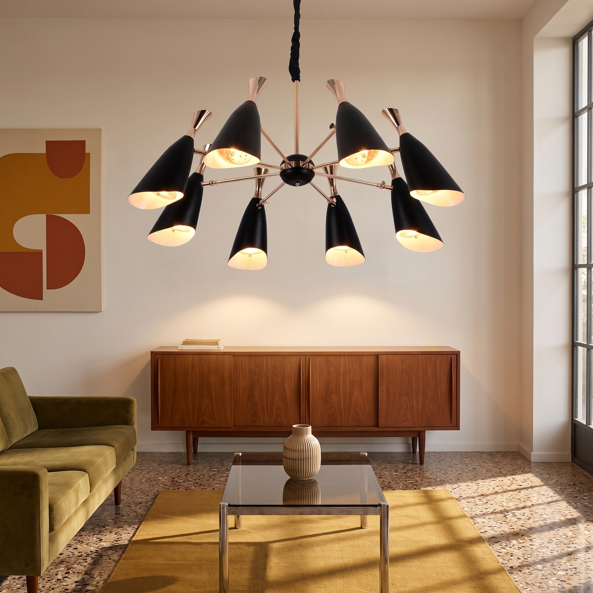 Briseis 8-light chandelier in black and gold, switched on above a walnut sideboard in a 1960s mid-century modern lounge