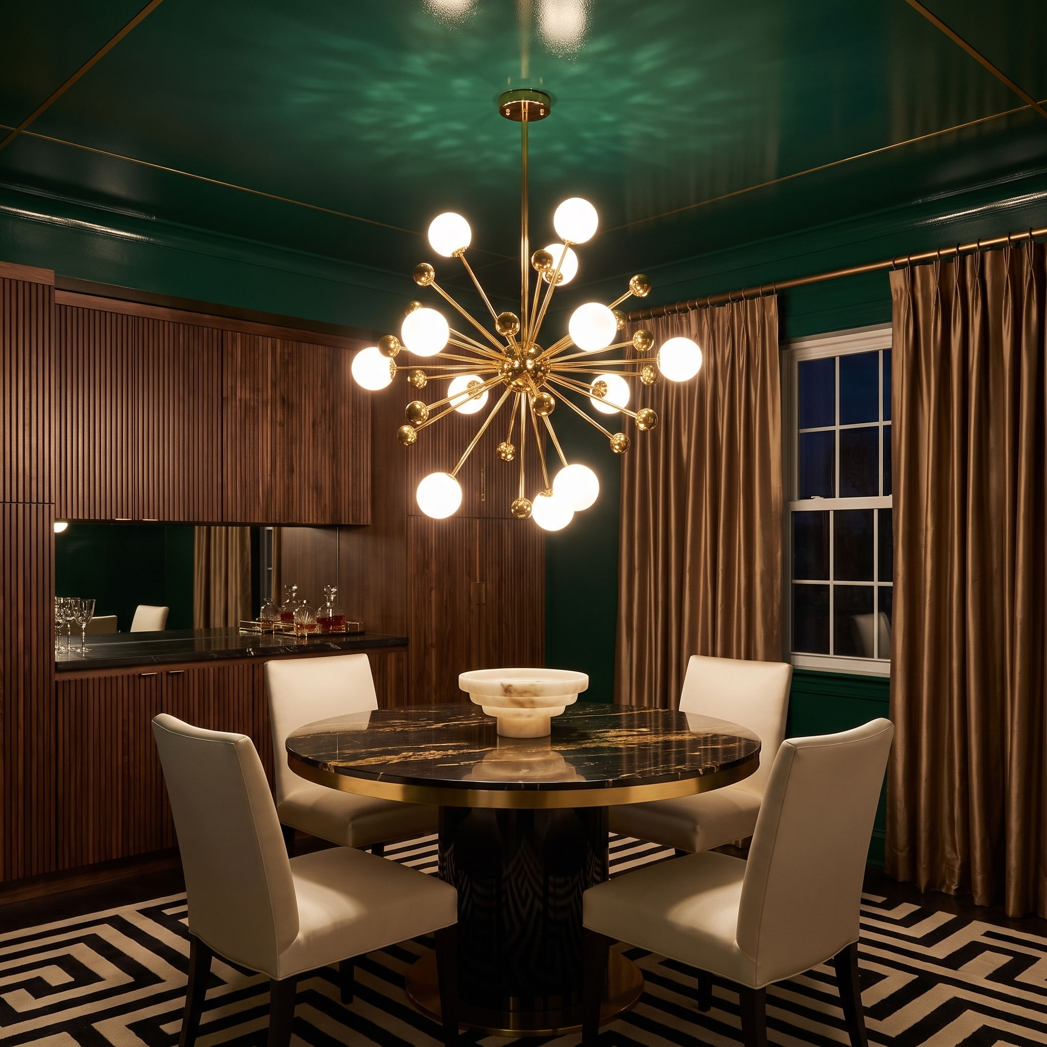 Aiolos gold glass globe sputnik chandelier lit above a marble table in an emerald Art Deco dining room