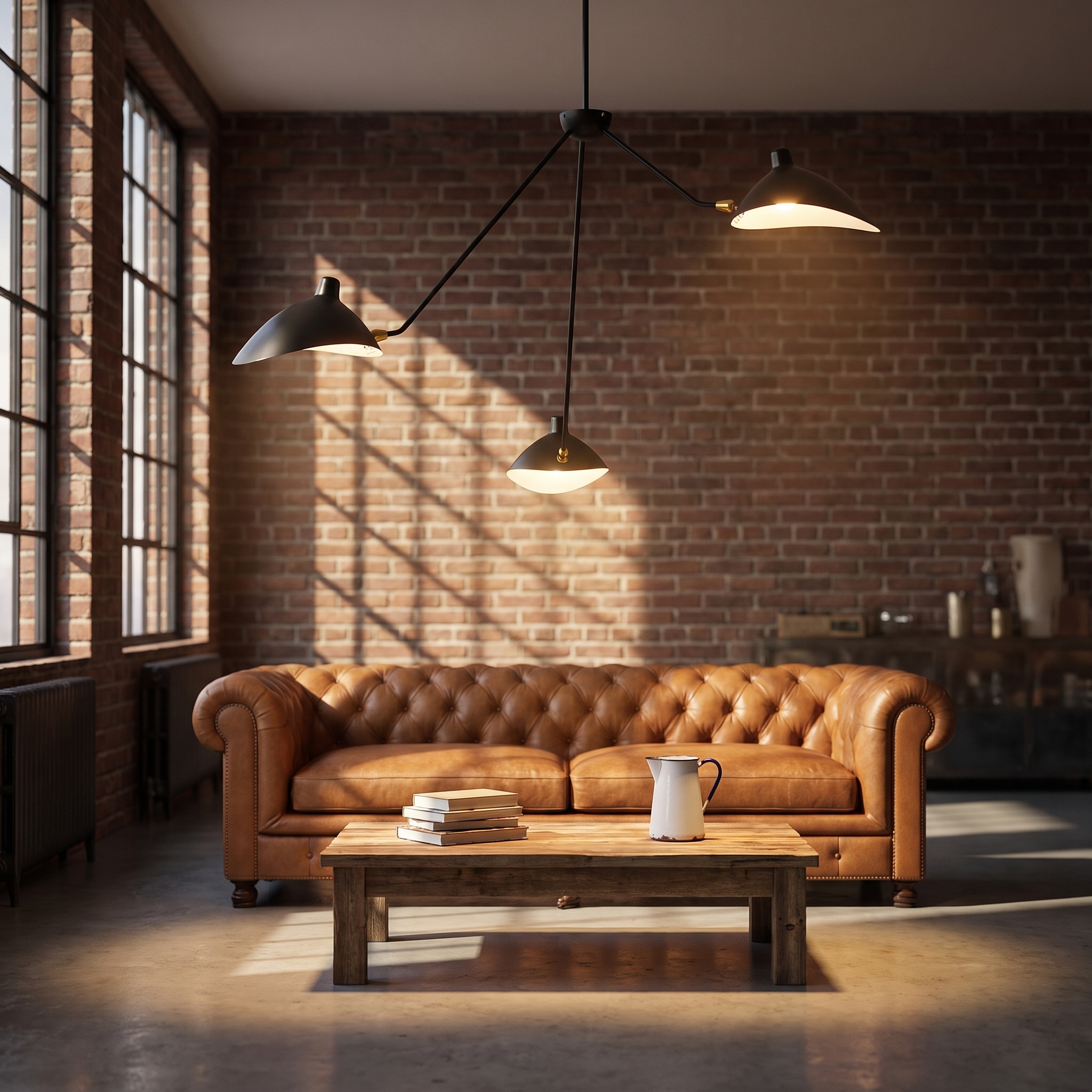 Chrysanthe rotatable 3-light ceiling light lit above a leather sofa in a brick industrial loft
