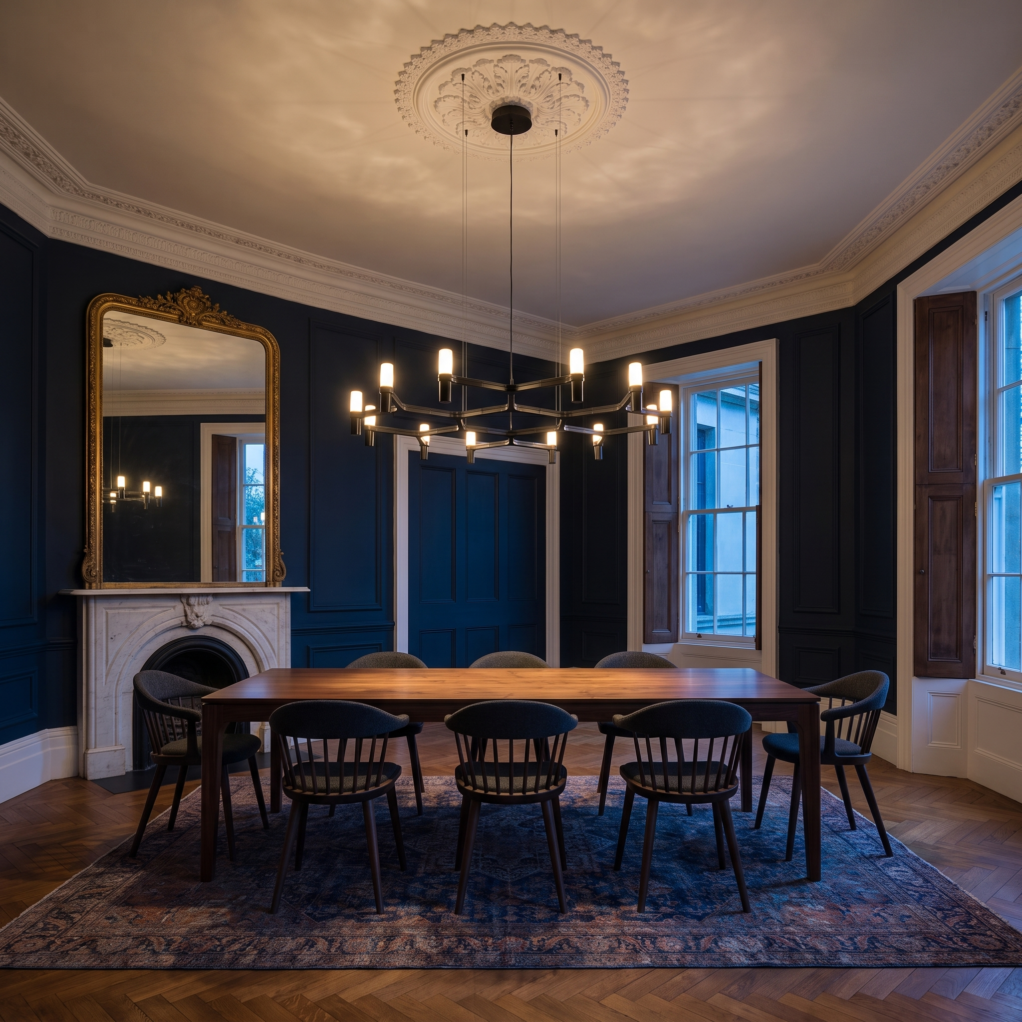 Euthymios geometric layered Nordic chandelier lit above a dining table in an ink-blue panelled period salon