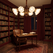 Demophon lily flower glass chandelier lit above a writing desk in an oxblood book-lined library