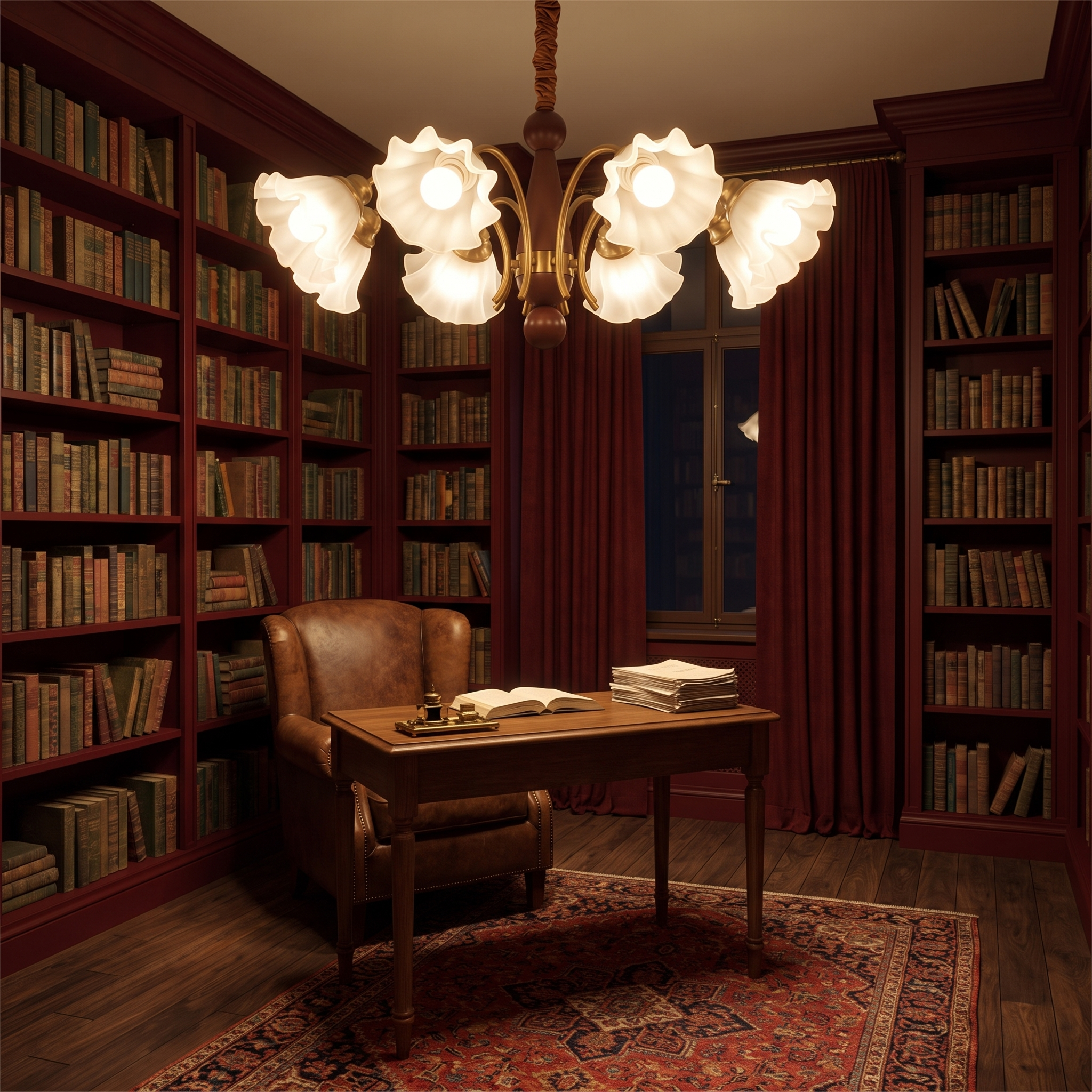 Demophon lily flower glass chandelier lit above a writing desk in an oxblood book-lined library