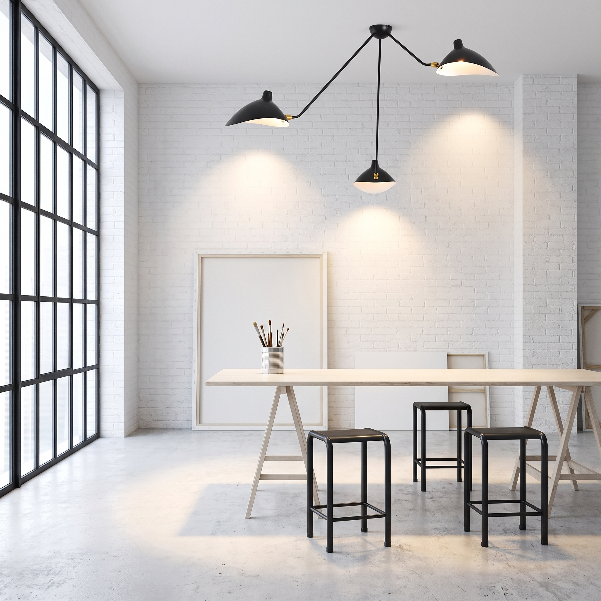 Chrysanthe rotatable 3-light ceiling light lit over a worktable in a bright white-brick artist studio loft