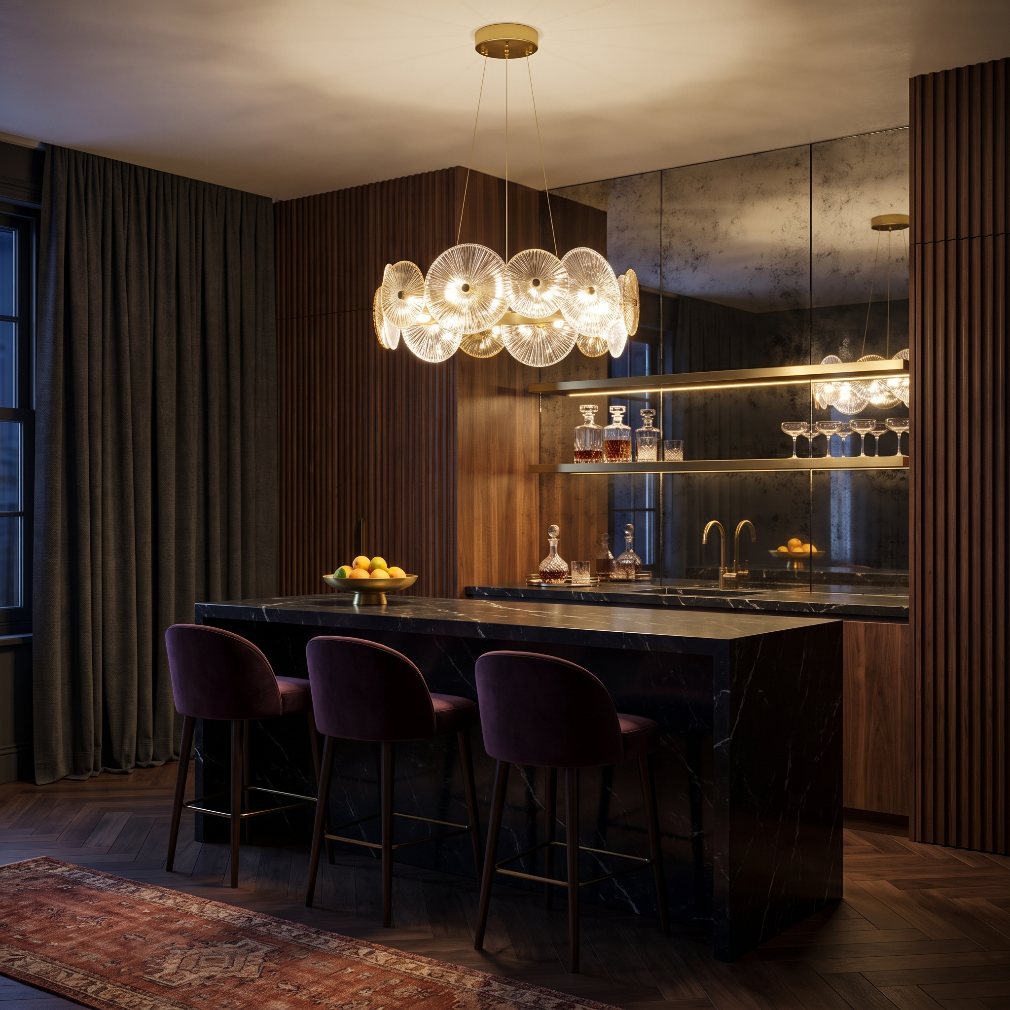 Bakchylides brass frame glass chandelier lit above a black marble counter in a dark walnut home bar
