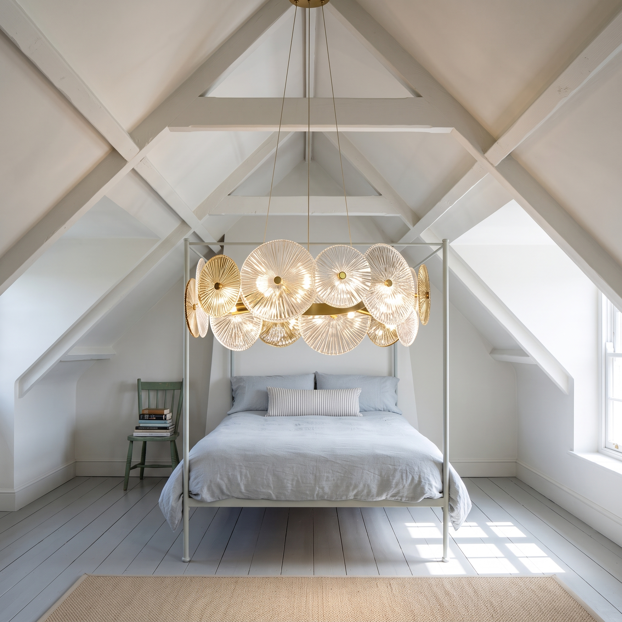 Bakchylides brass frame glass chandelier lit in a bright attic bedroom under a sloped white rafter ceiling