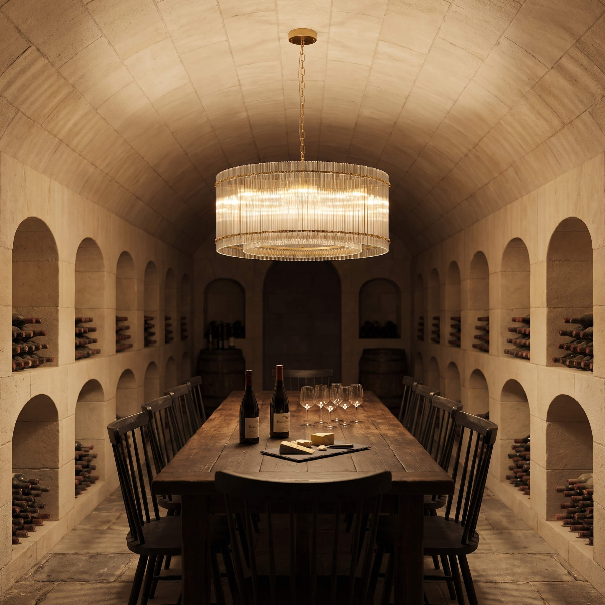 Epikles iron and glass multi-head chandelier lit over a long oak table in a vaulted stone wine cellar