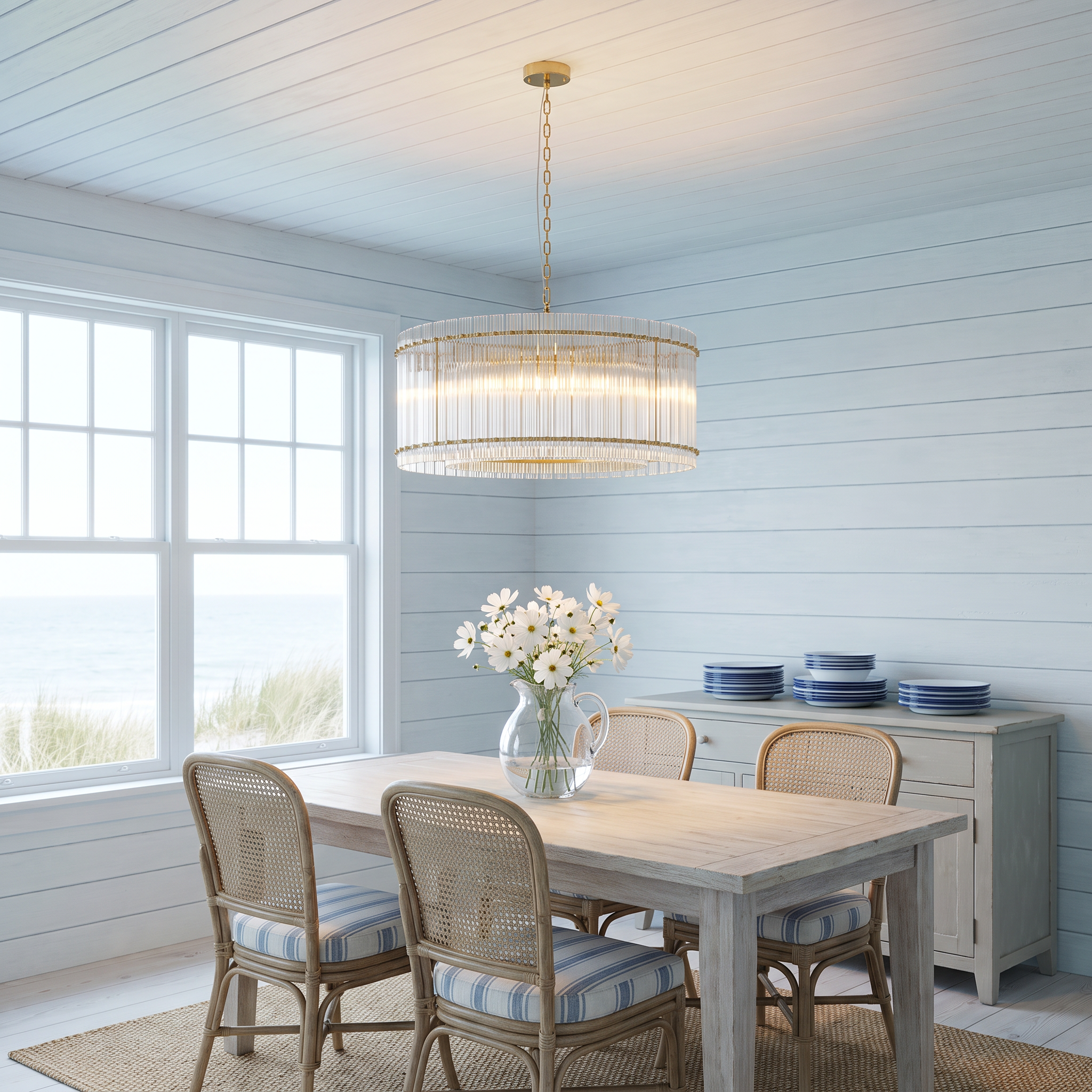 Epikles iron and glass multi-head chandelier lit in a bright coastal board-clad dining room by the sea