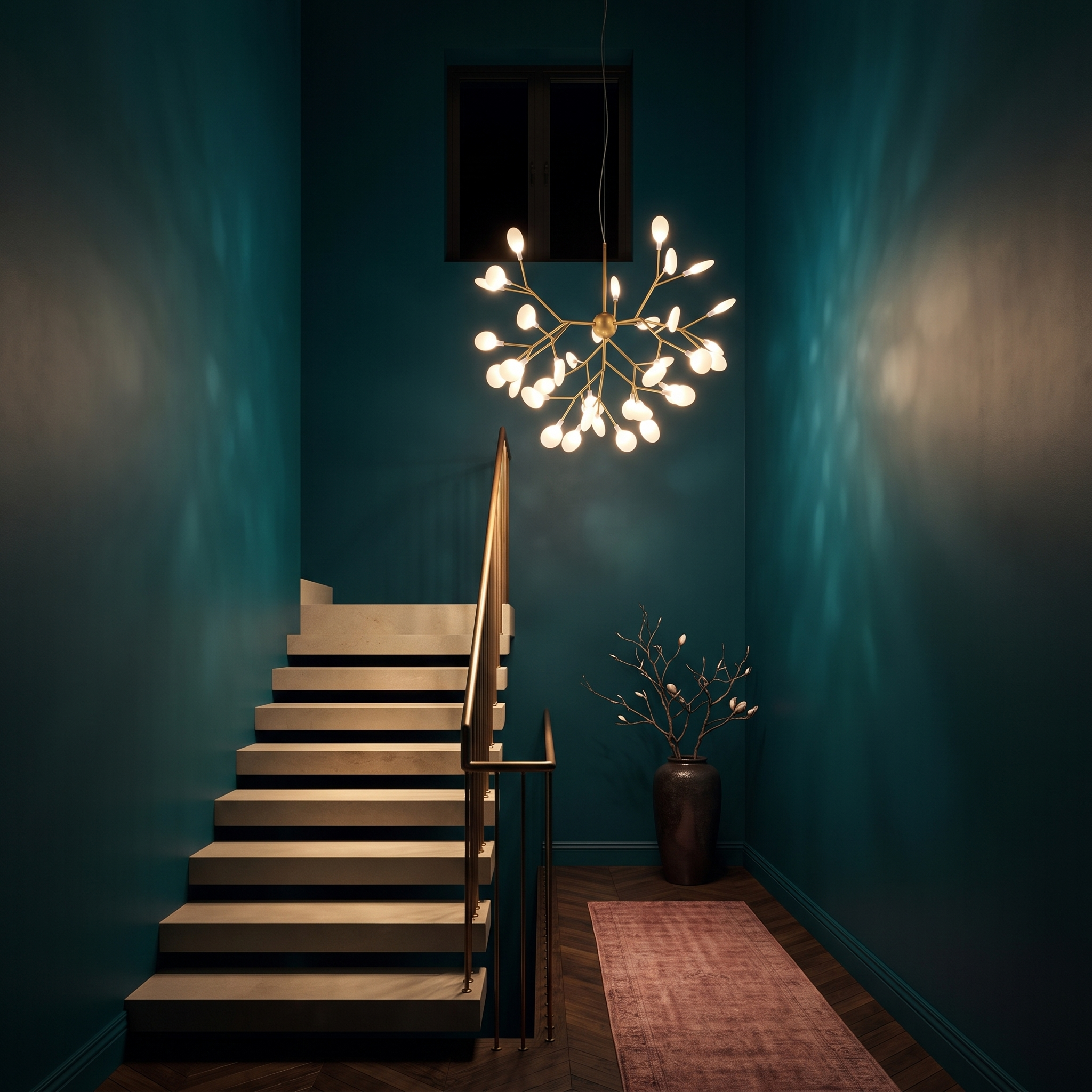 Chryseis 36-light gold sputnik chandelier lit in a deep teal stairwell with a cantilevered stone stair at night