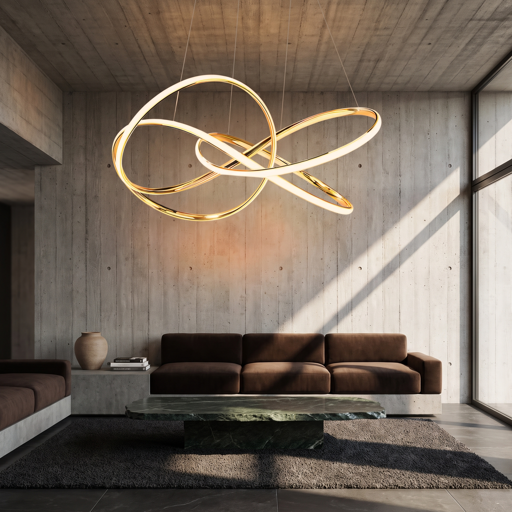 Eukleides curved line ring chandelier lit in a brutalist board-marked concrete living room