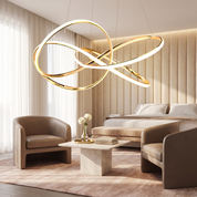 Eukleides curved line ring chandelier lit in a bright champagne hotel-style bedroom suite