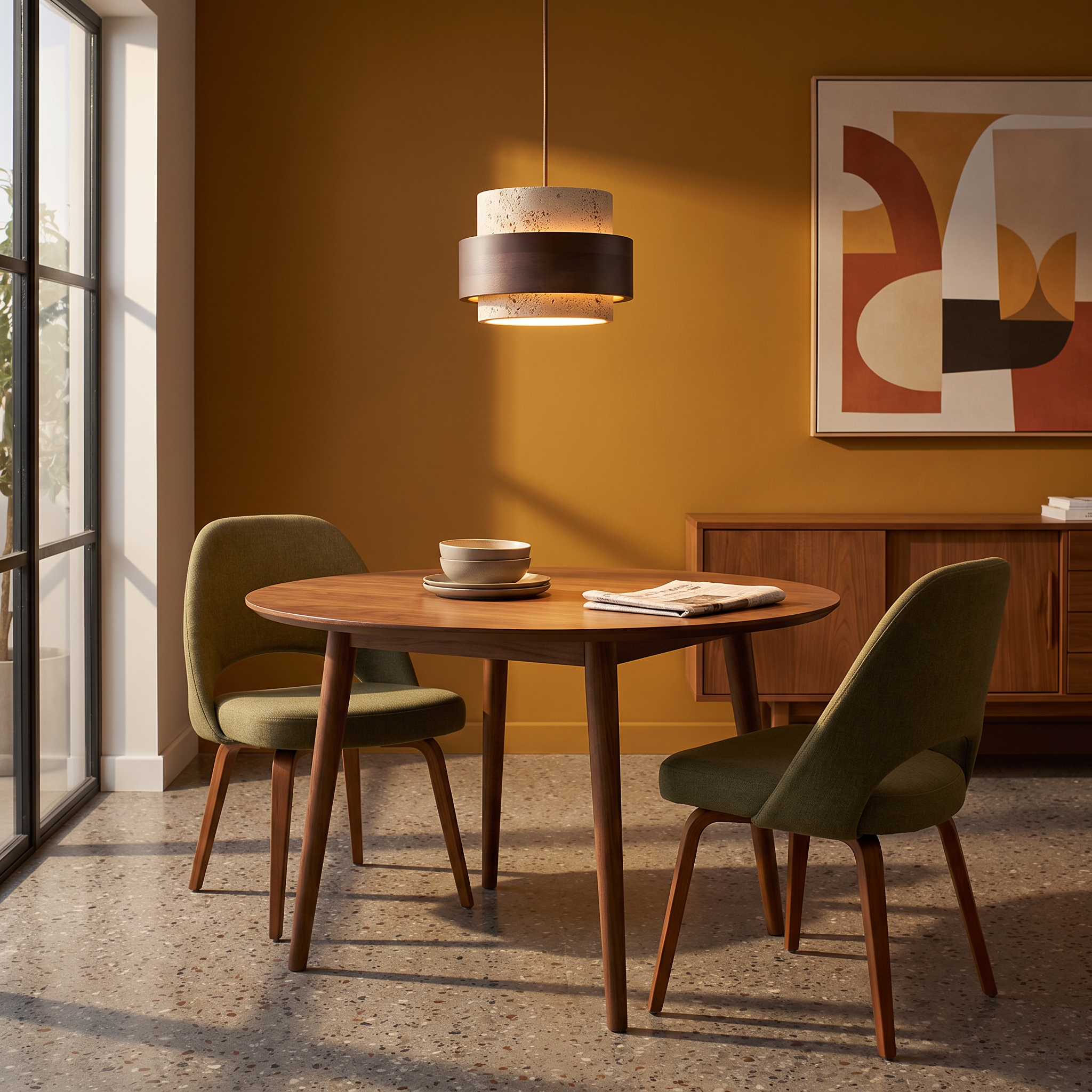 Petraia natural travertine pendant light over a round walnut table in a mid-century dining corner