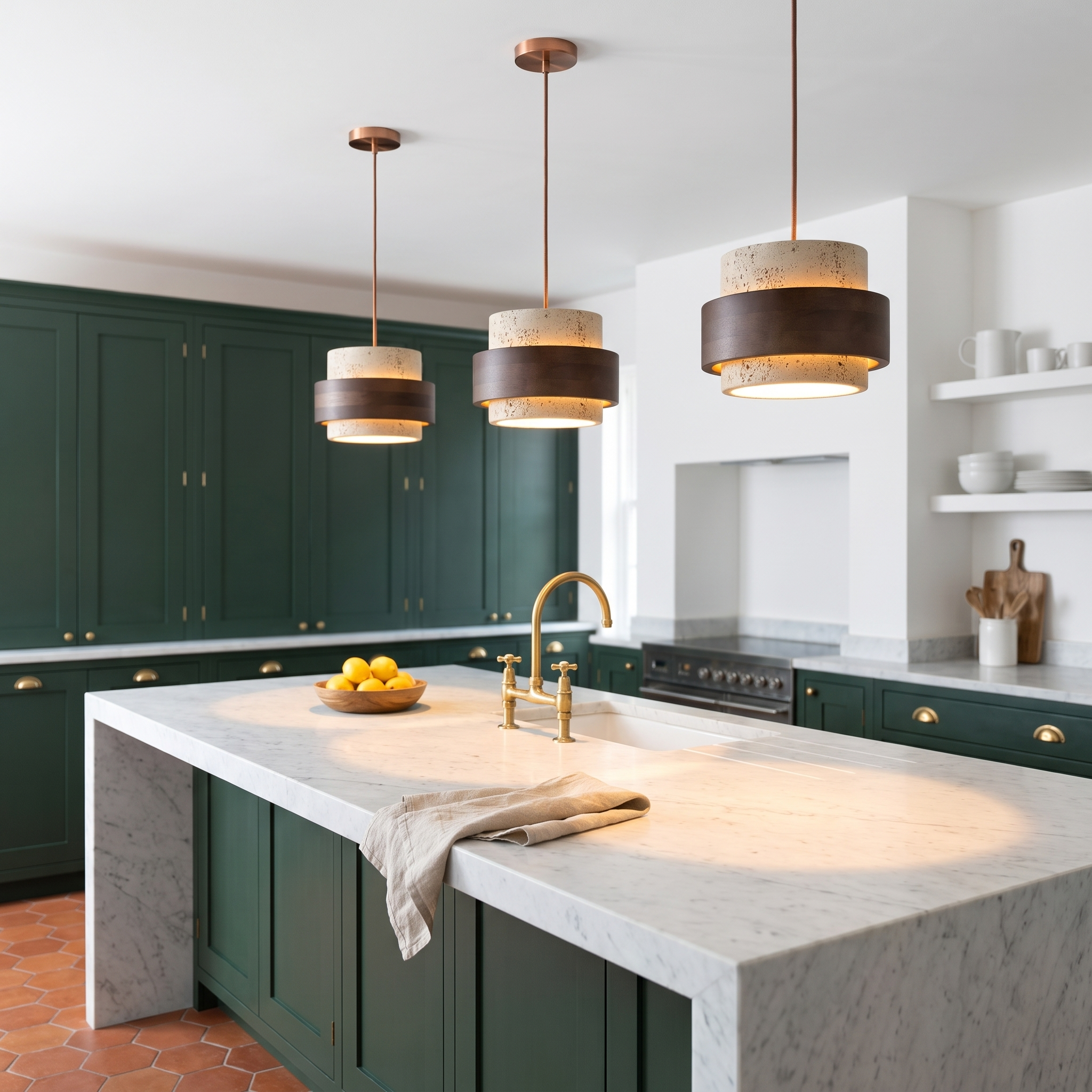 Three Petraia natural travertine pendant lights in a row over a marble kitchen island with green cabinets