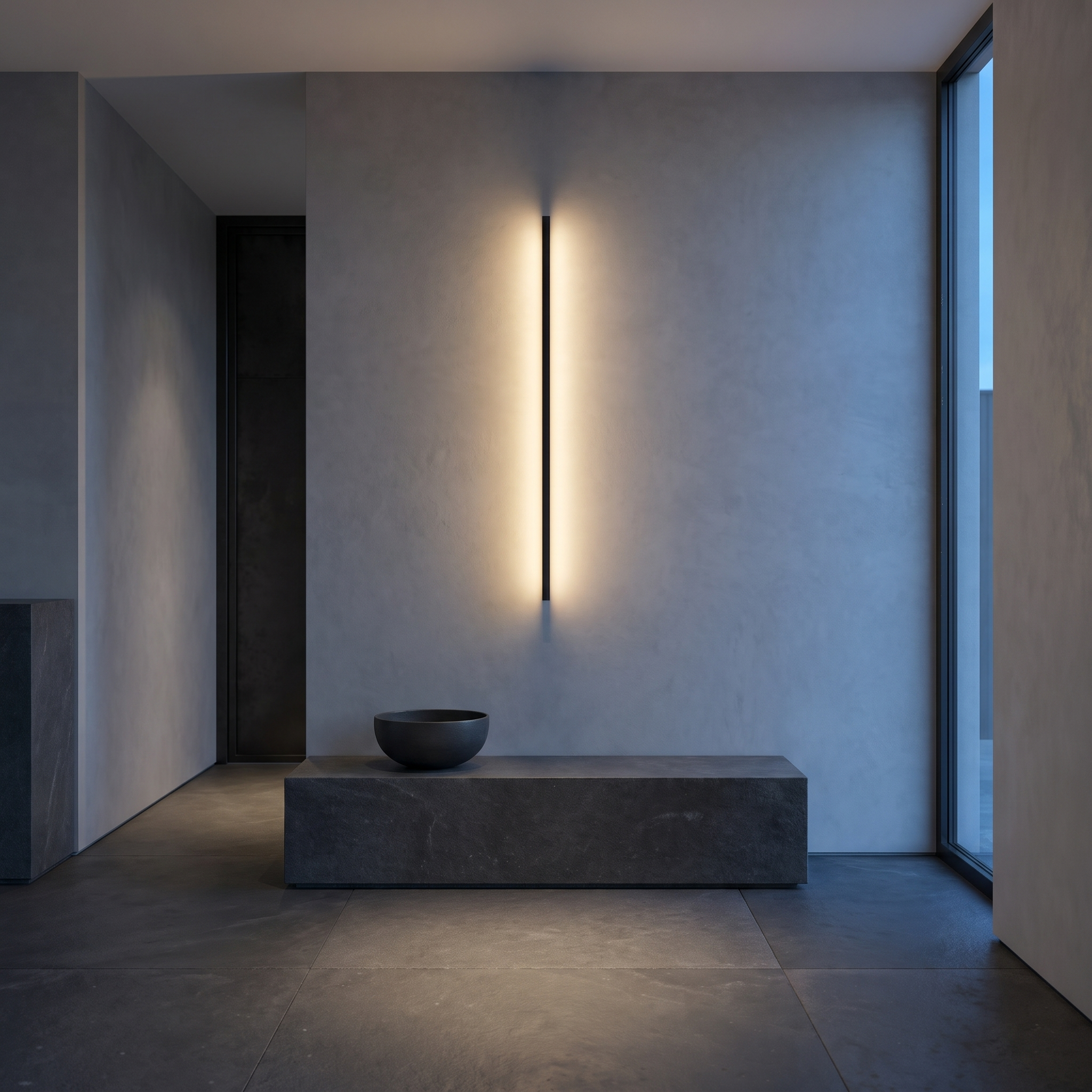 Nikanor slim aluminum wall light bar in black, mounted vertically in a gray micro-cement entrance hall above a stone bench